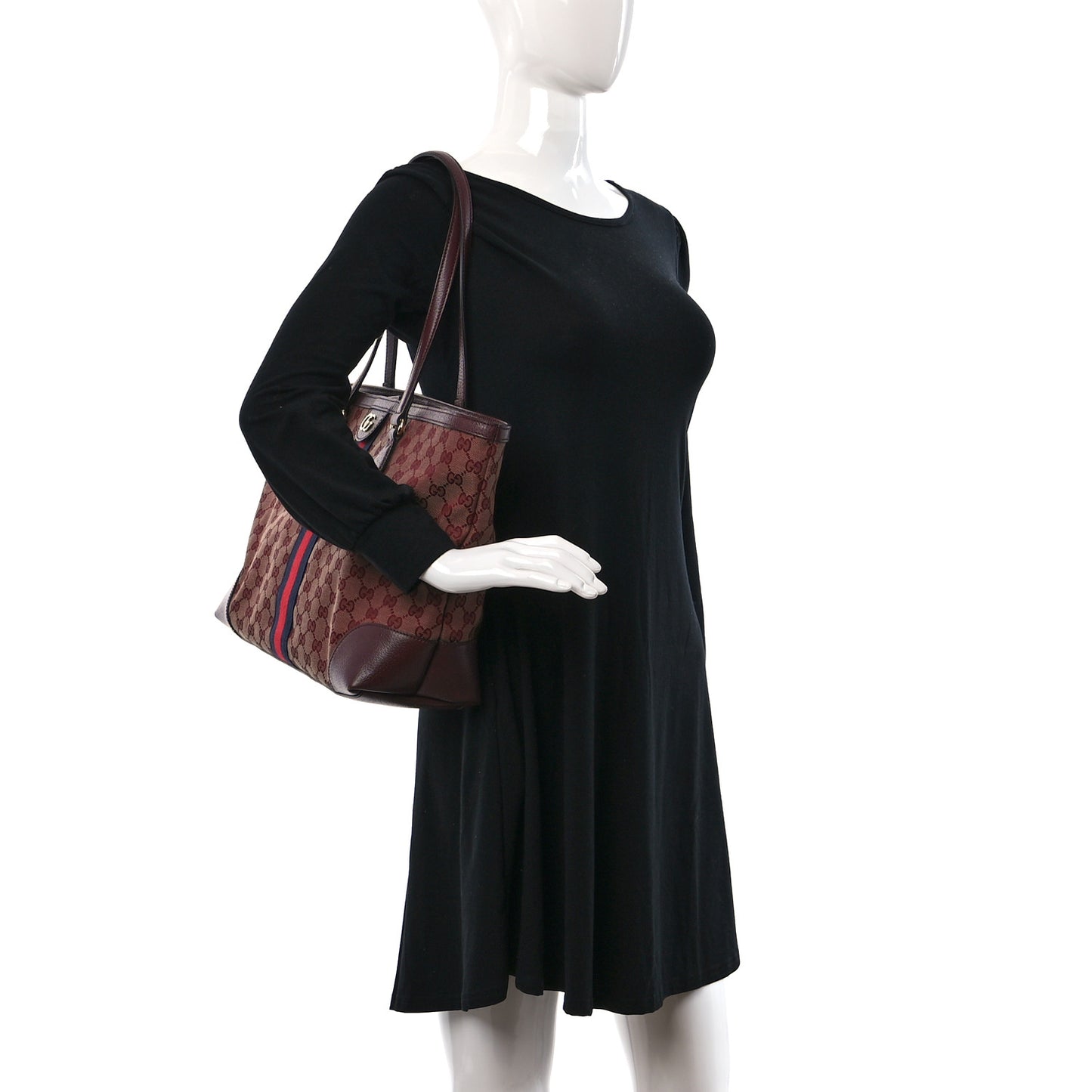 Monogram Textured Dollar Calfskin Web Medium Ophidia Shopping Tote Sahara Rubino Chardonnay