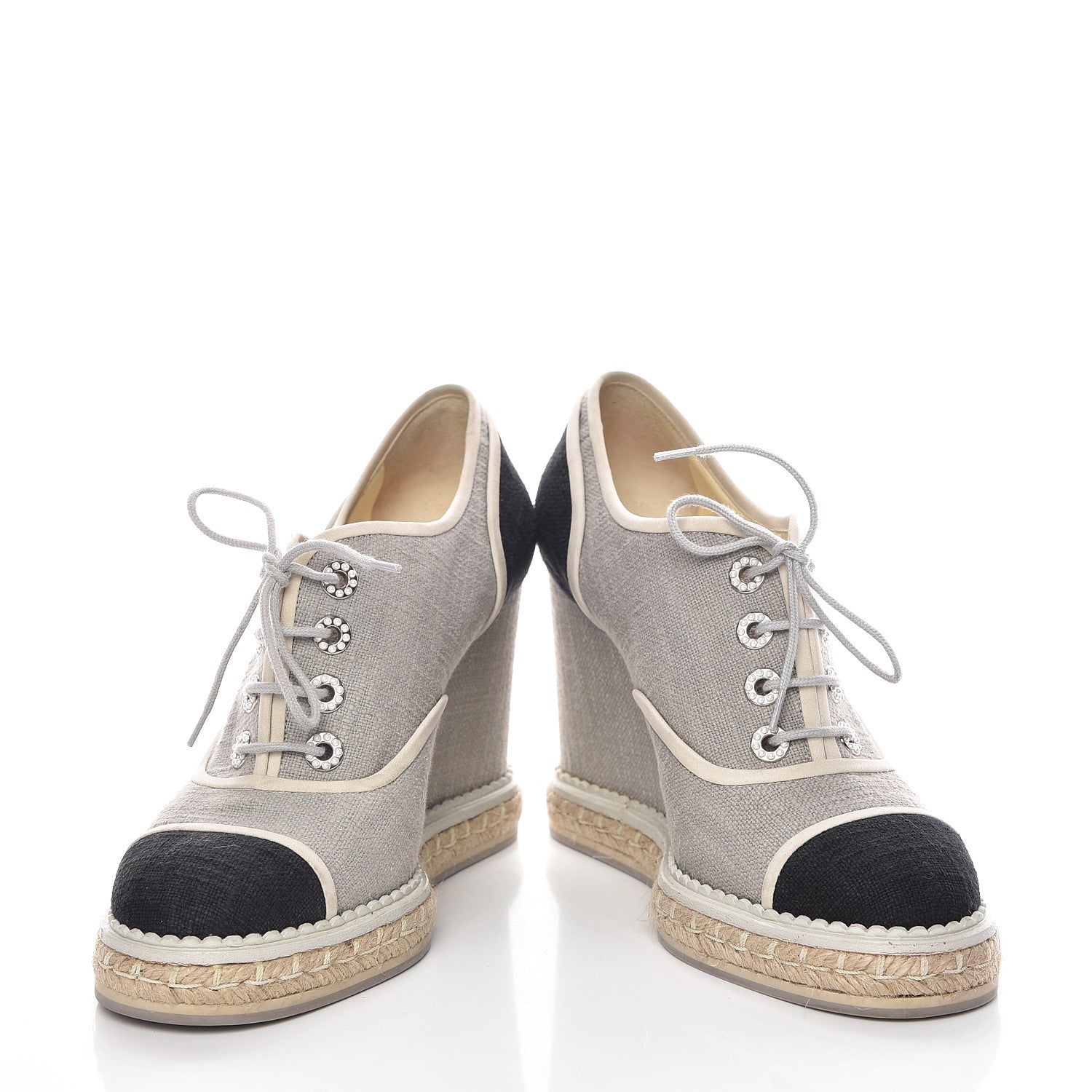 Chanel Cotton Lace Up Wedge Espadrilles 38.5 Grey Navy Blue 5 of 15