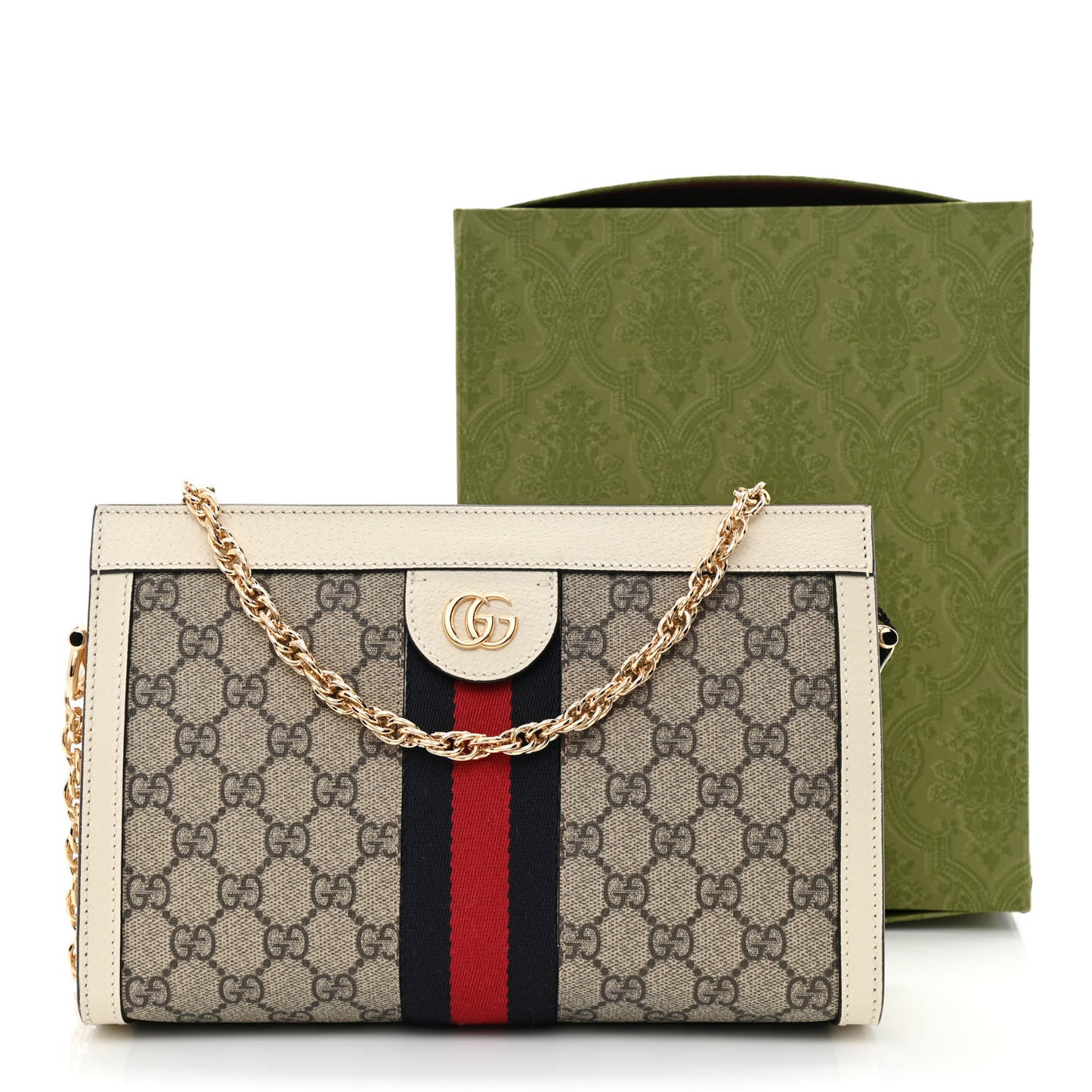 GG Supreme Monogram Textured Calfskin Web Small Ophidia Chain Shoulder Bag Beige Ebony Mystic White