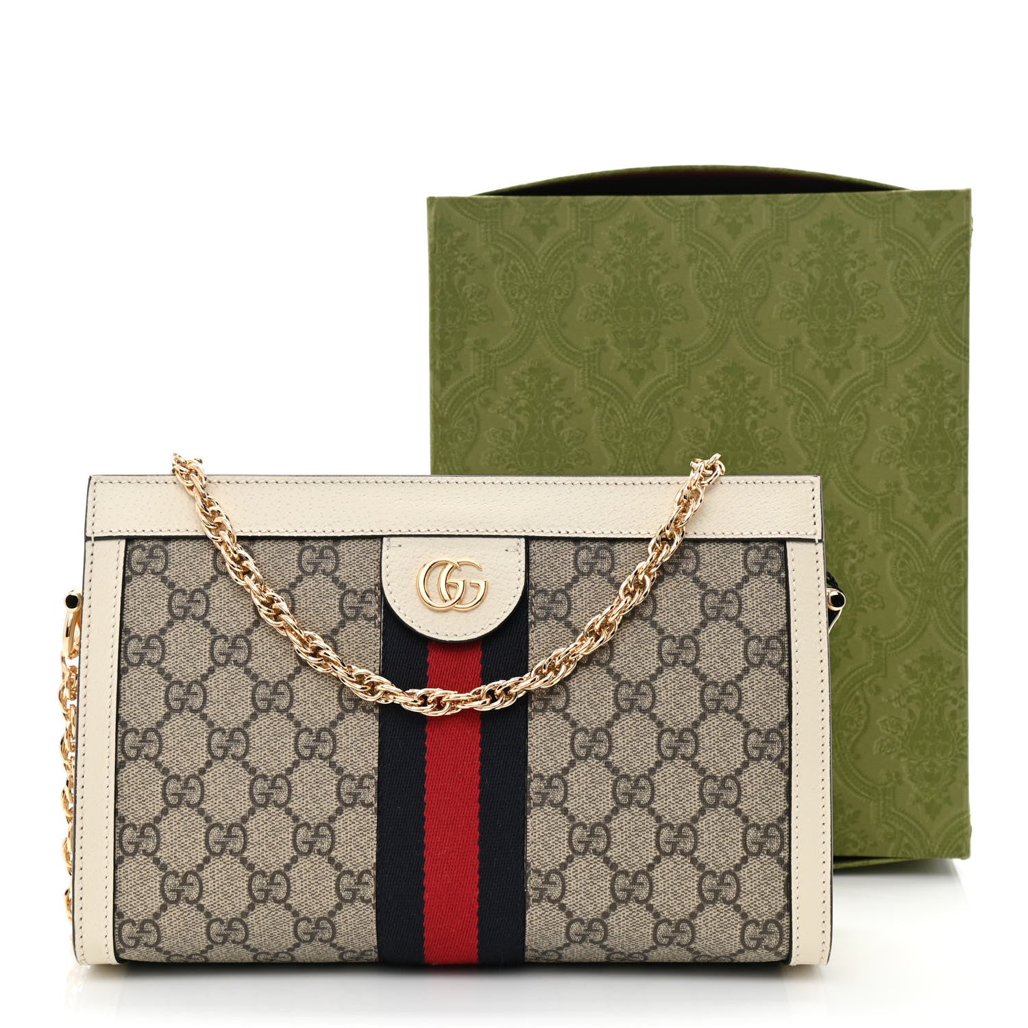 Gucci GG Supreme Monogram Textured Calfskin Web Small Ophidia Chain Shoulder Bag Beige Ebony Mystic White 11 of 11