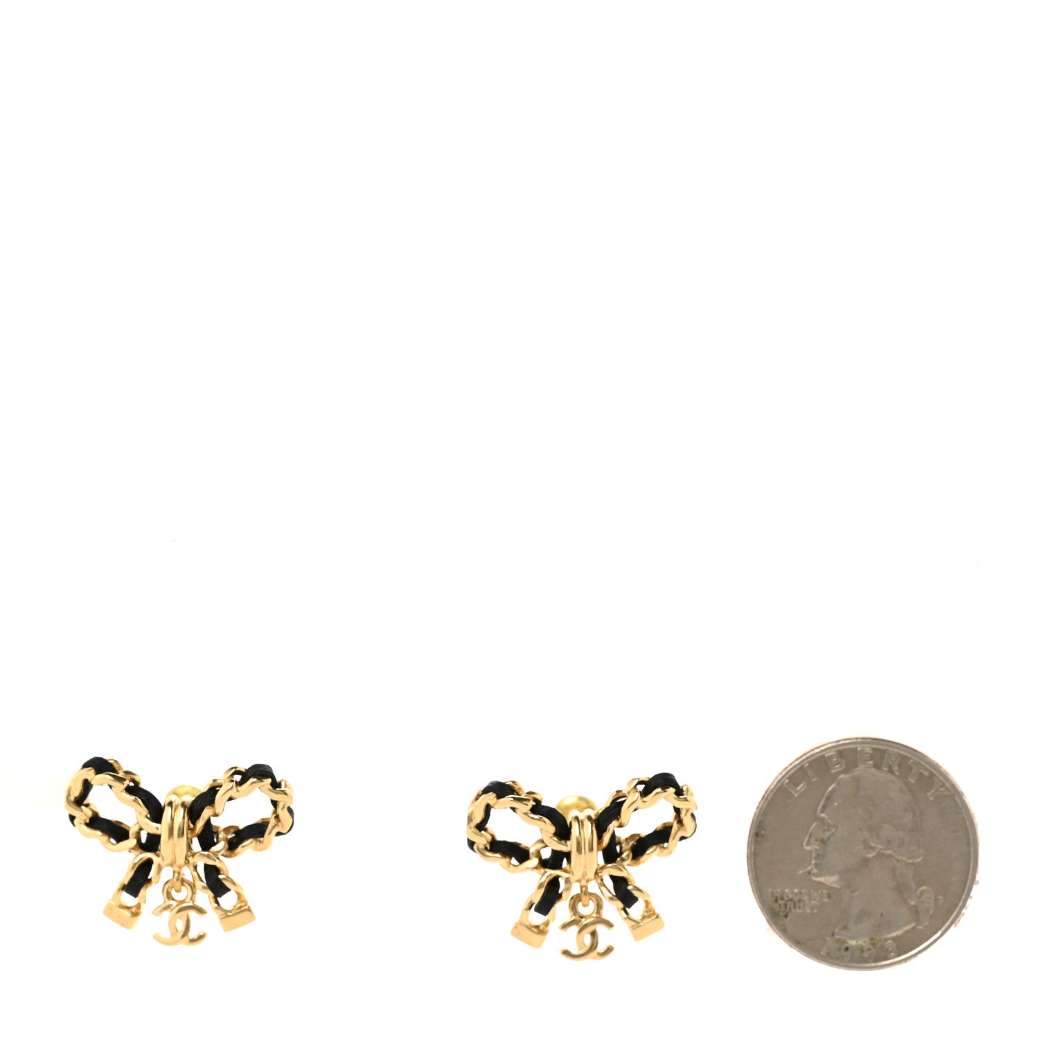 Chanel Lambskin Chain Bow Stud Earrings Black Gold 2 of 5