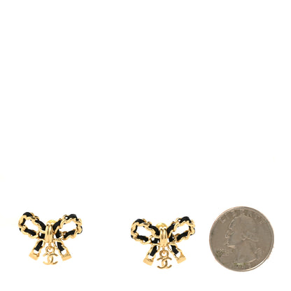 Chanel Lambskin Chain Bow Stud Earrings Black Gold 2 of 5