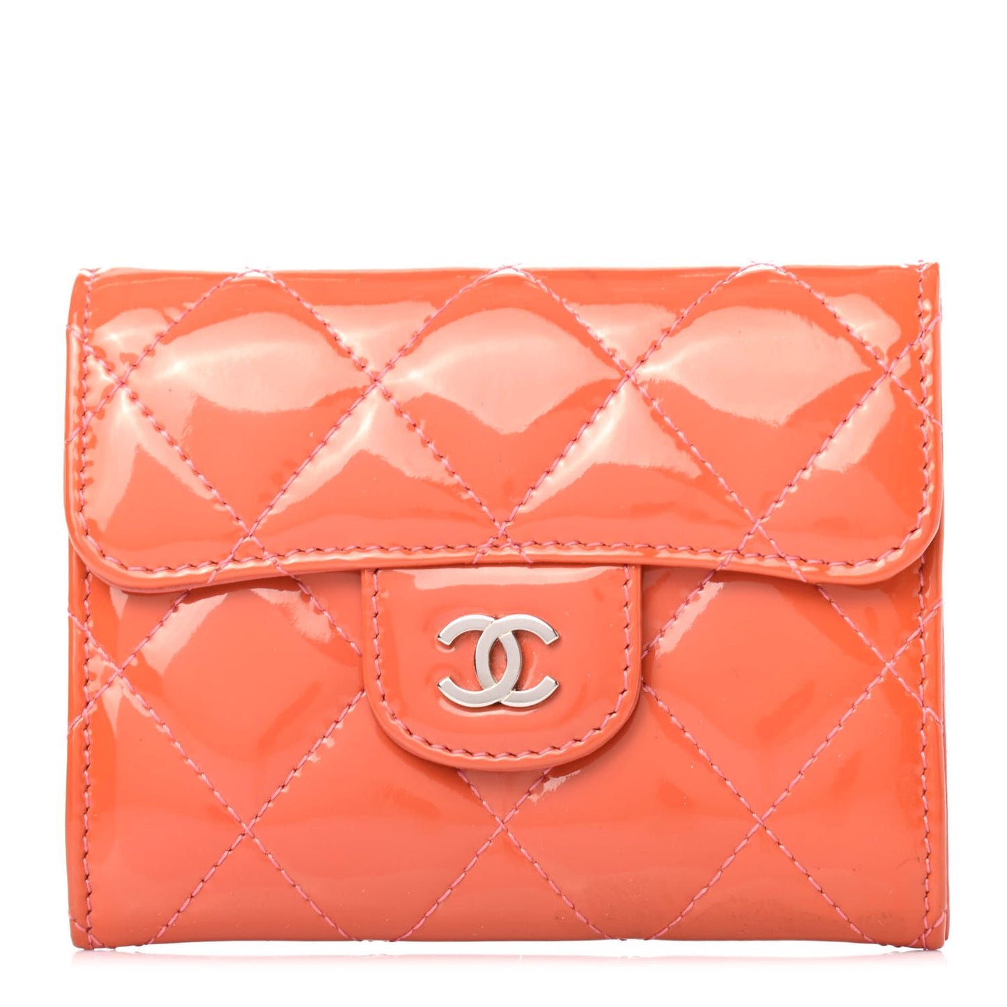 Patent Quilted Flap Card Holder Wallet Coral