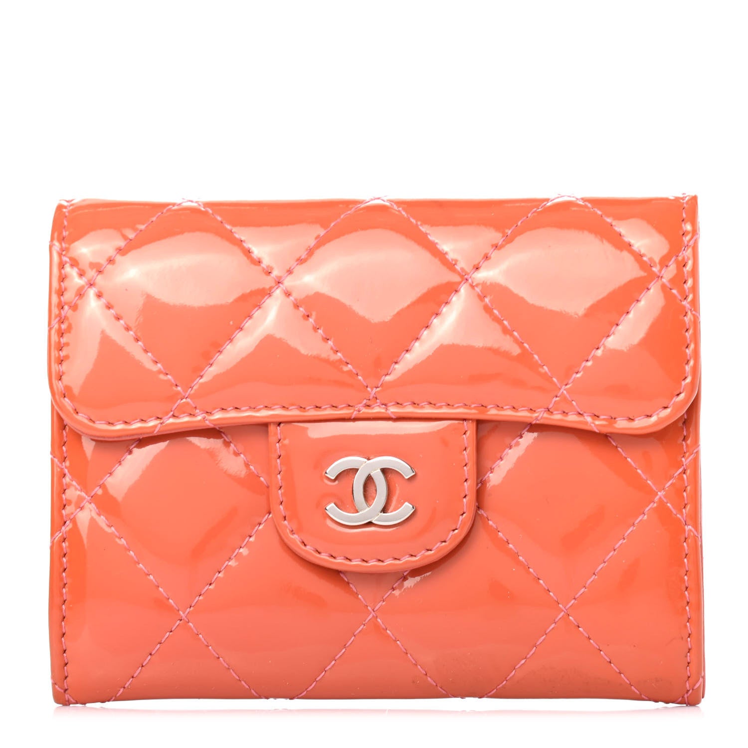 Chanel Patent Quilted Flap Card Holder Wallet Coral 1 of 4