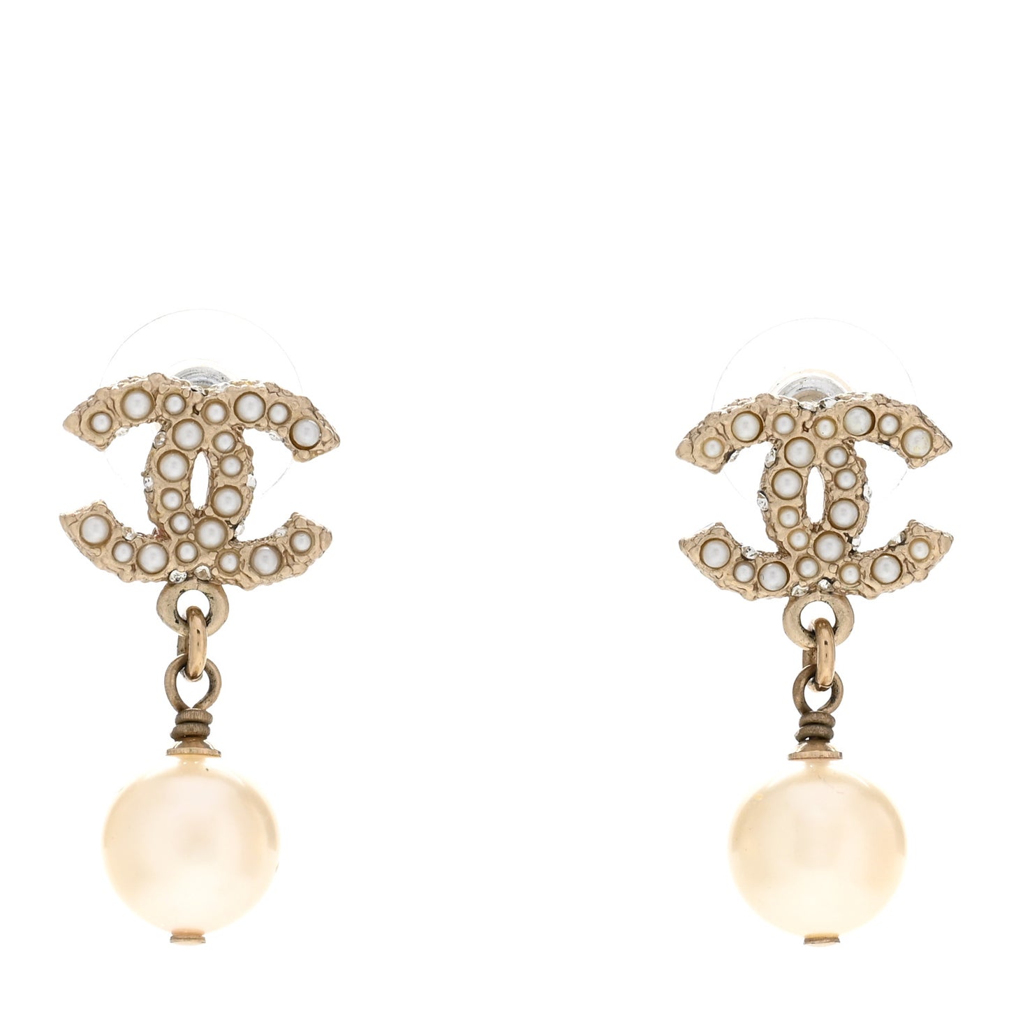 Pearl Crystal CC Drop Earrings Gold