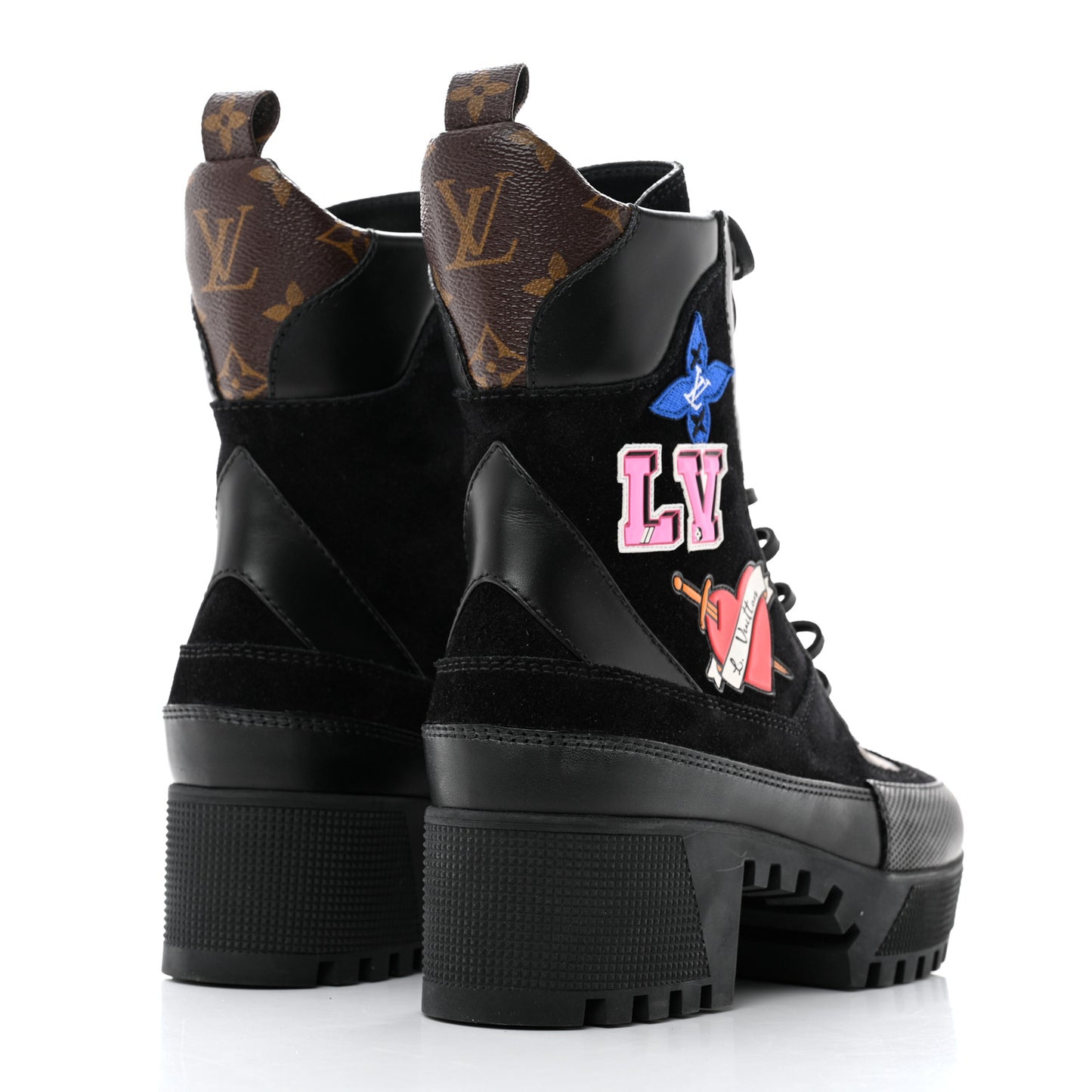Suede Calfskin Monogram LV Black Heart Laureate Platform Desert Boots 38 Black