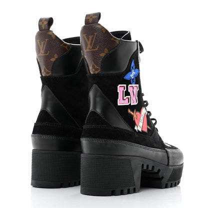 Louis Vuitton Suede Calfskin Monogram LV Black Heart Laureate Platform Desert Boots 38 Black 4 of 8