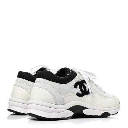 Chanel Mesh Suede Calfskin Grained Calfskin Womens CC Sneakers 35 White Black 5 of 10