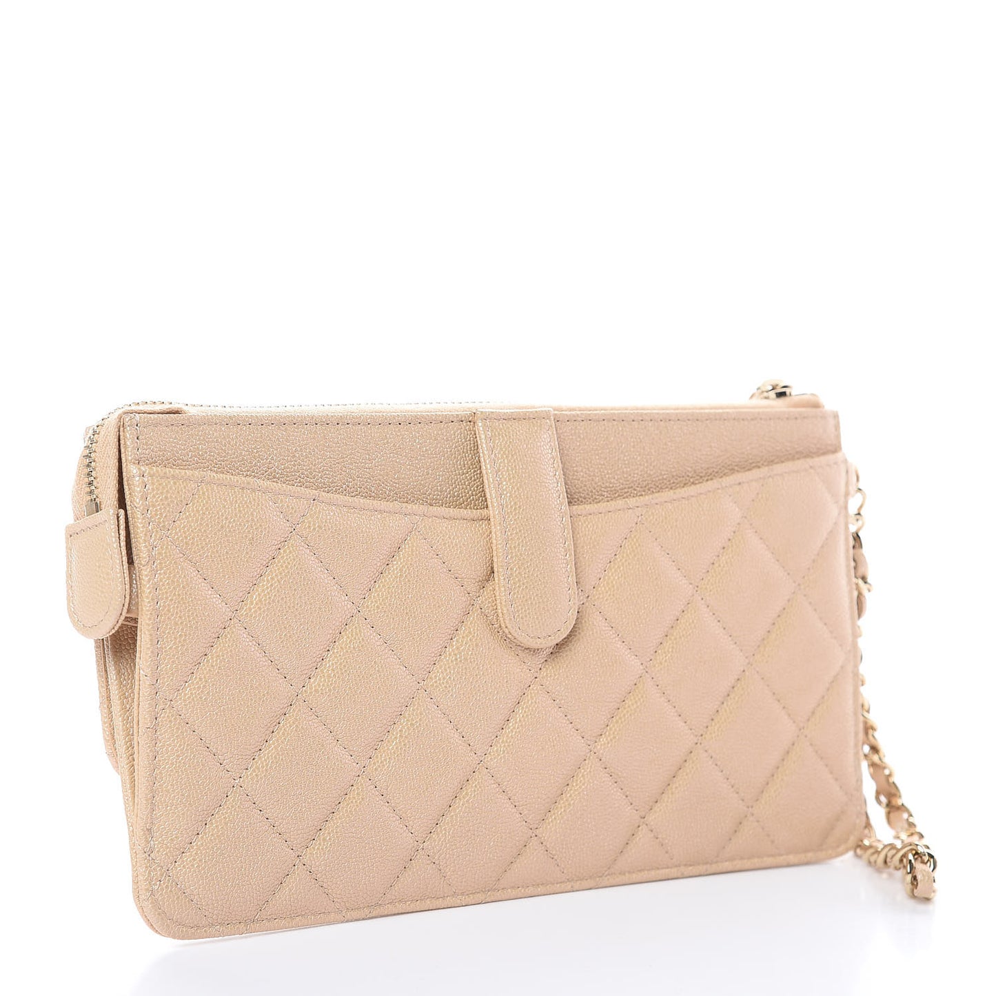 Iridescent Caviar Quilted Classic Pouch With Handle Beige
