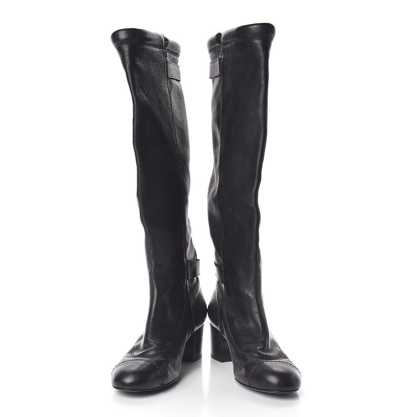 Calfskin Zipper Buckle Knee High Tall Boots 41 Black