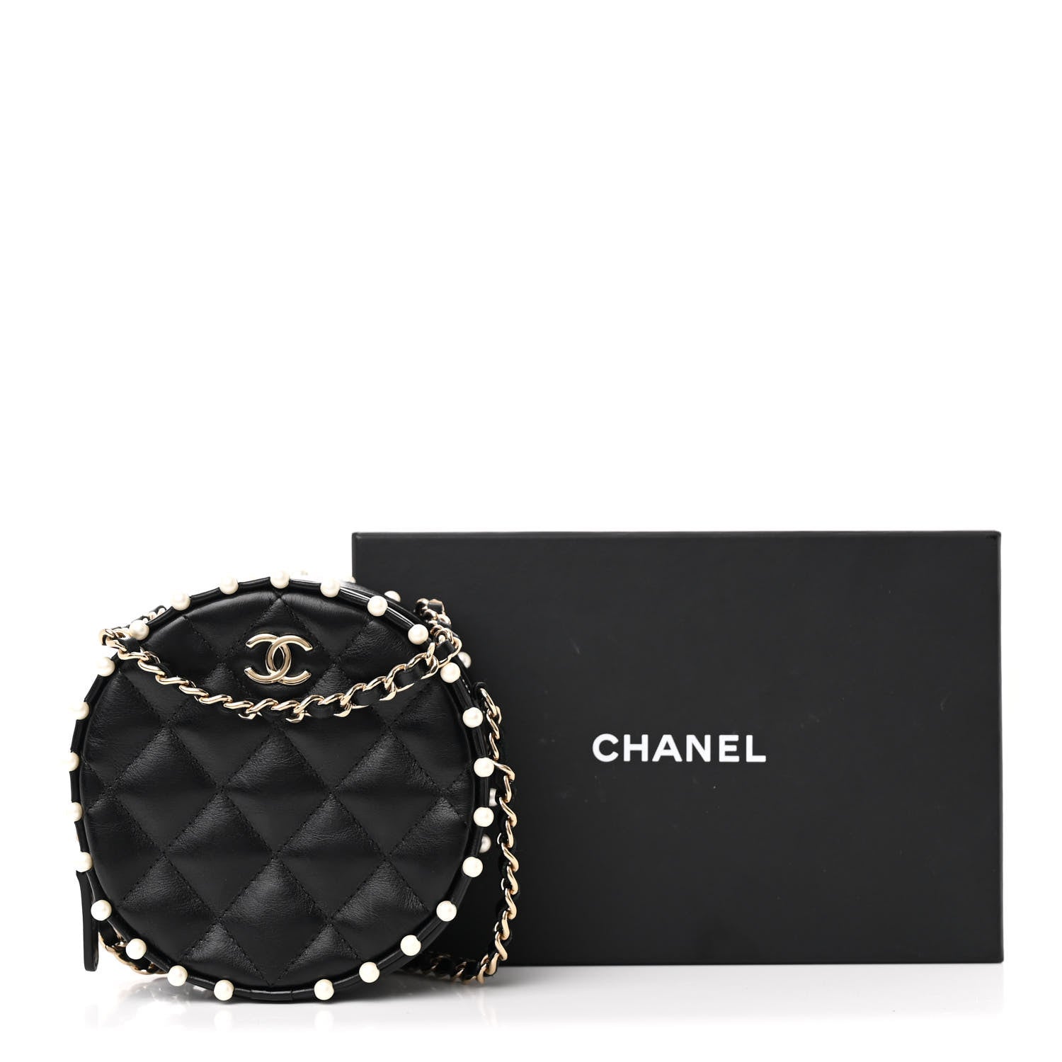 Chanel Calfskin Quilted Pearl Round Clutch With Chain Black 11 of 11