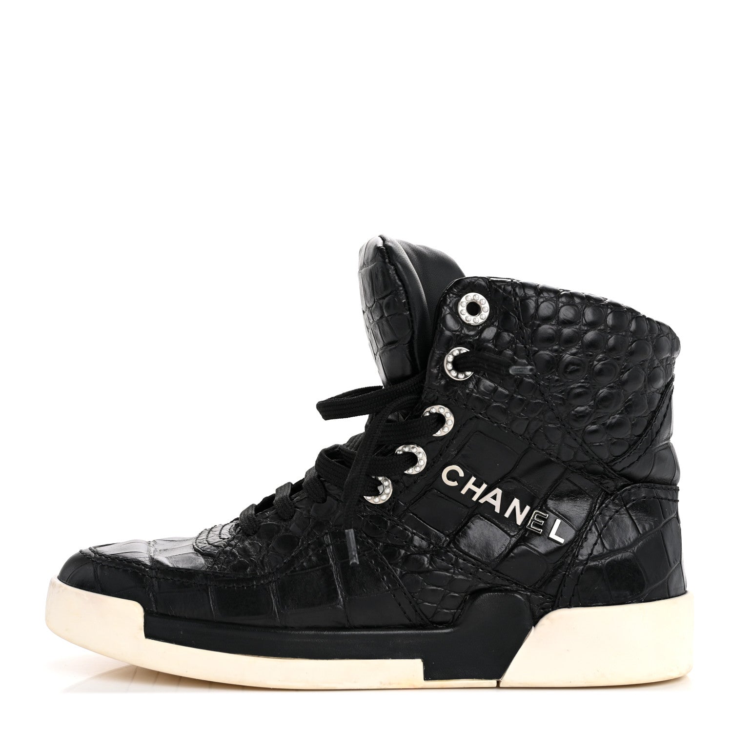 Chanel Calfskin Crocodile Embossed Cocodile High Top Sneakers 36.5 Black 1 of 11