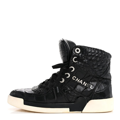 Chanel Calfskin Crocodile Embossed Cocodile High Top Sneakers 36.5 Black 1 of 11