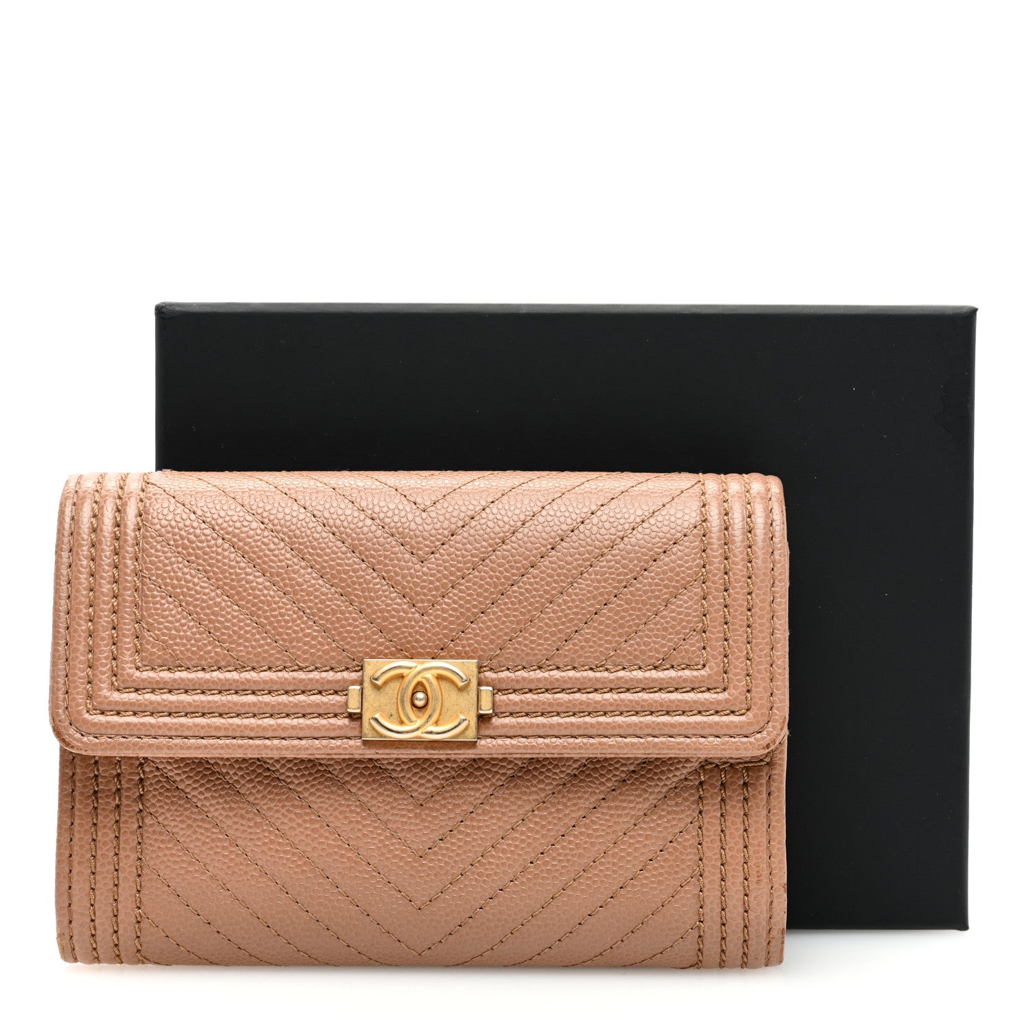 Chanel Caviar Chevron Quilted Medium Boy Flap Wallet Dark Beige 8 of 8