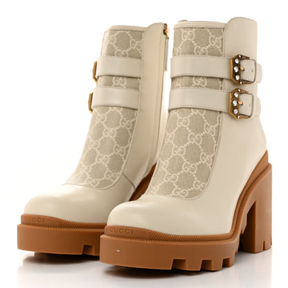 Gucci Kensington Calfskin Nappa GG Supreme Monogram Womens Double Buckle Ankle Boots 40 Mystic White Beige 3 of 10