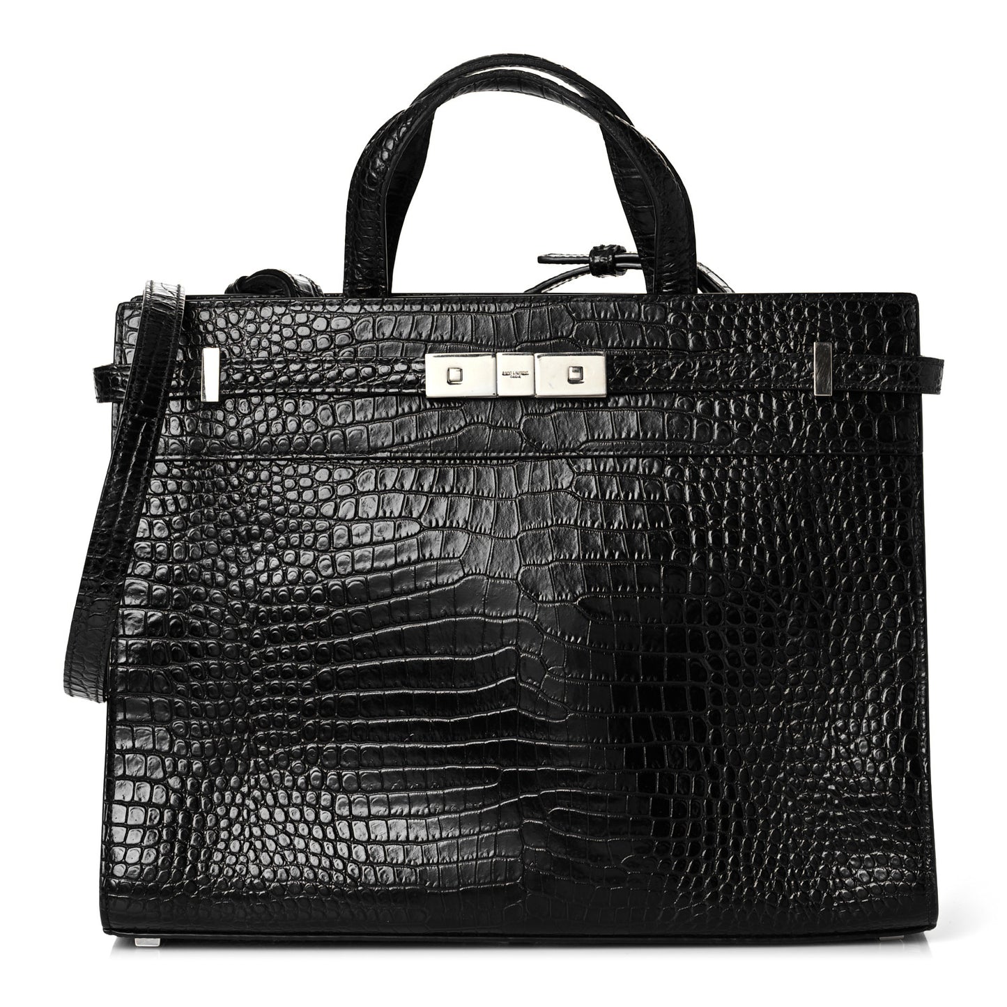 Shiny Calfskin Crocodile Embossed Small Manhattan Shopper Tote Black