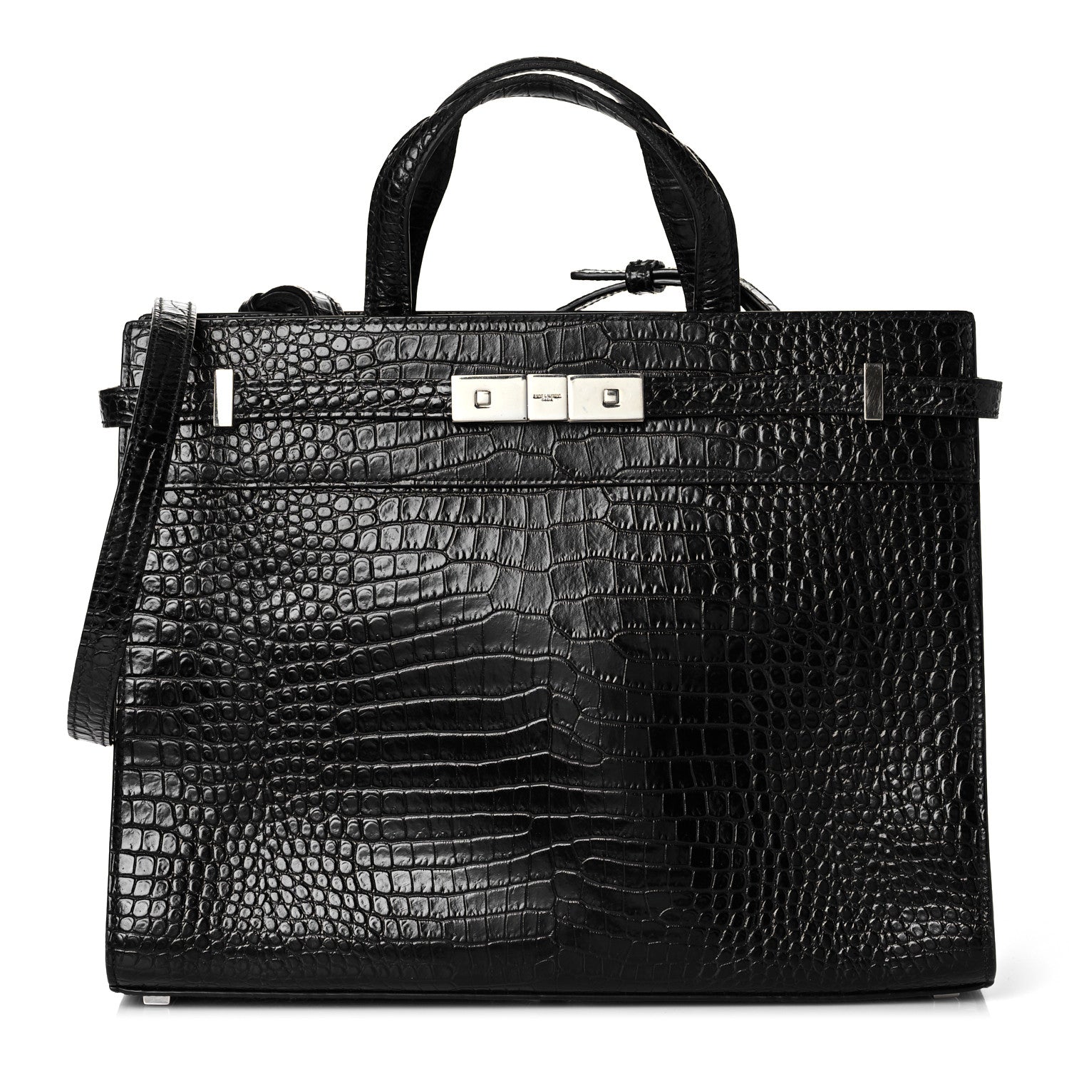Saint Laurent Shiny Calfskin Crocodile Embossed Small Manhattan Shopper Tote Black 1 of 9