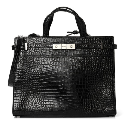 Saint Laurent Shiny Calfskin Crocodile Embossed Small Manhattan Shopper Tote Black 1 of 9