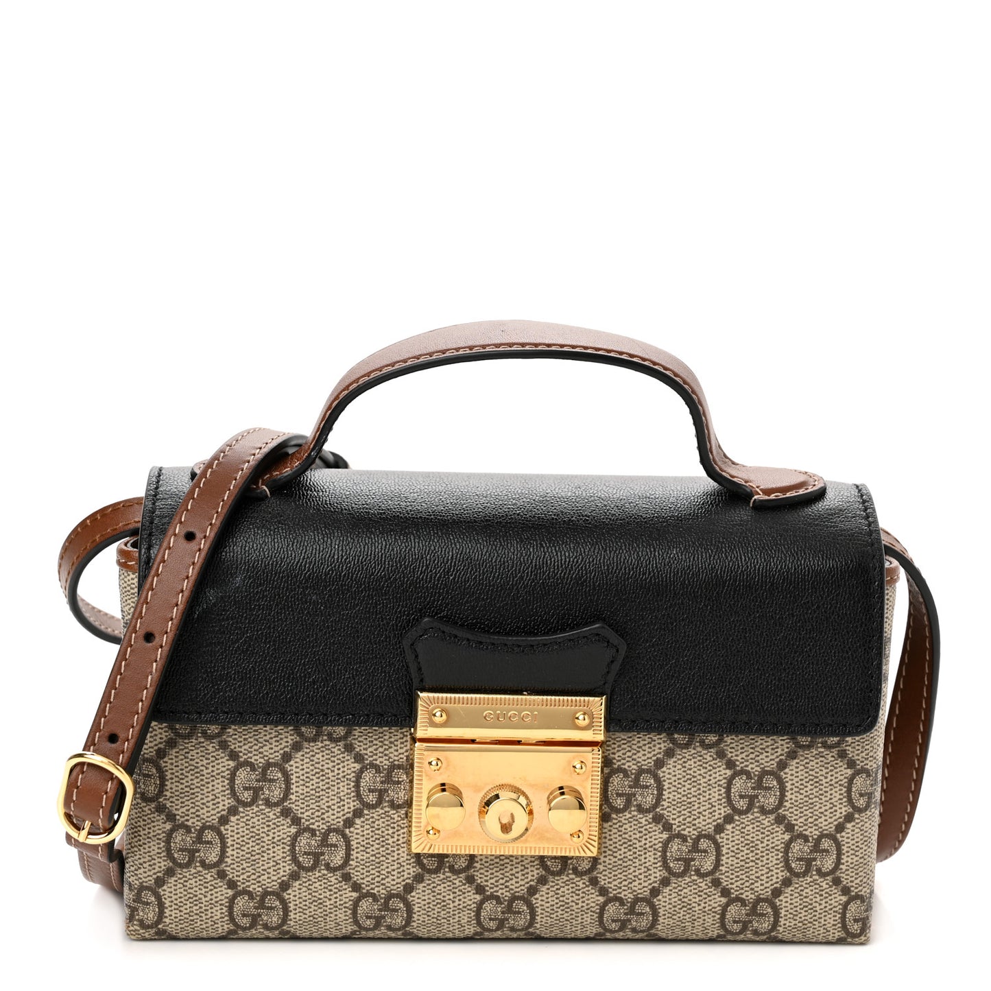 GG Supreme Monogram Calfskin Mini Padlock Top Handle Shoulder Bag Beige Black Cuir