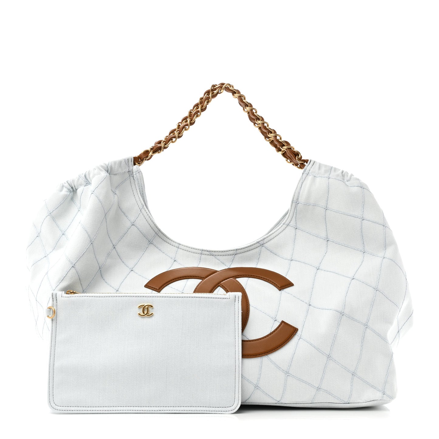 Denim Calfskin Quilted Coco Beach Small Shopping Tote Light Blue Brown