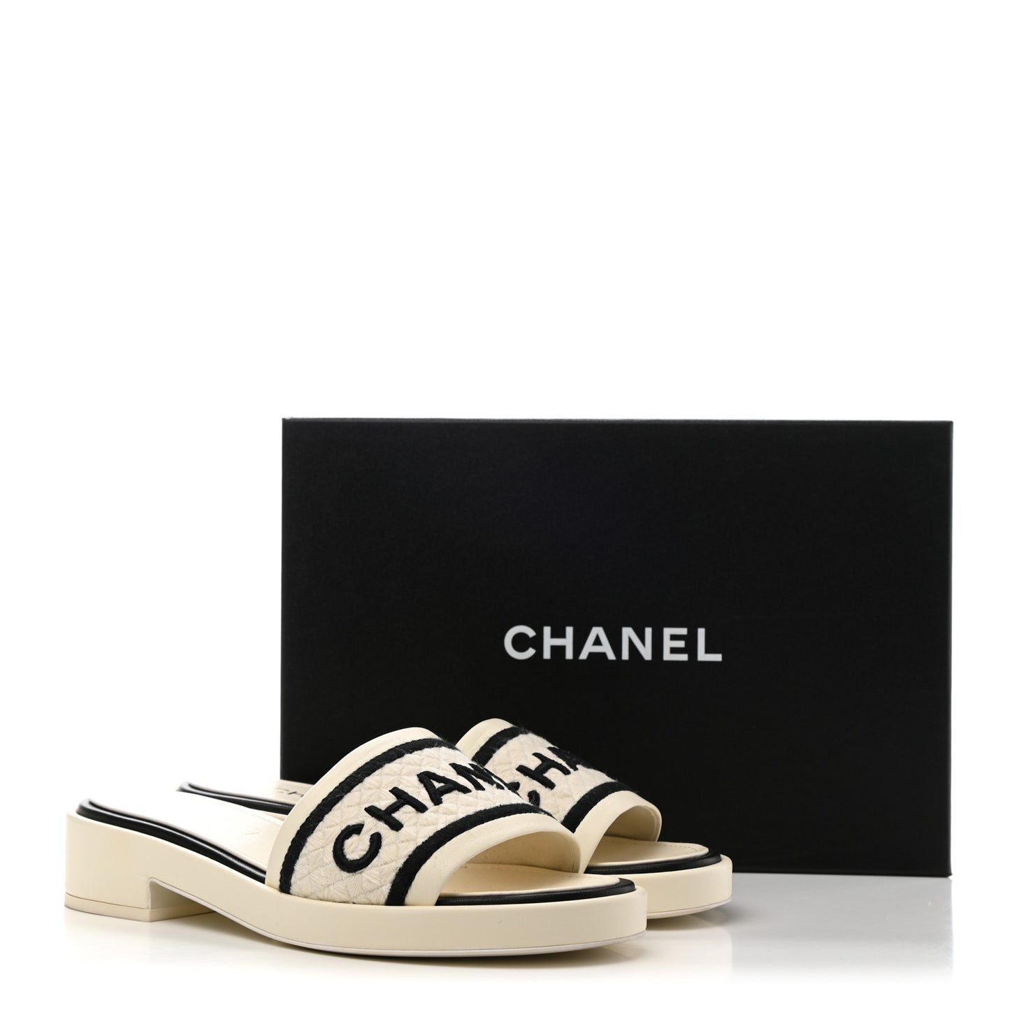 Lambskin Embroidered Logo Mules 38.5 Ivory Black