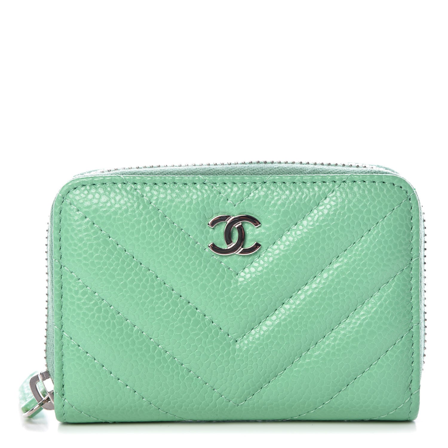 Chanel Caviar Chevron Quilted Zip Around Coin Purse Light Green 1 of 9