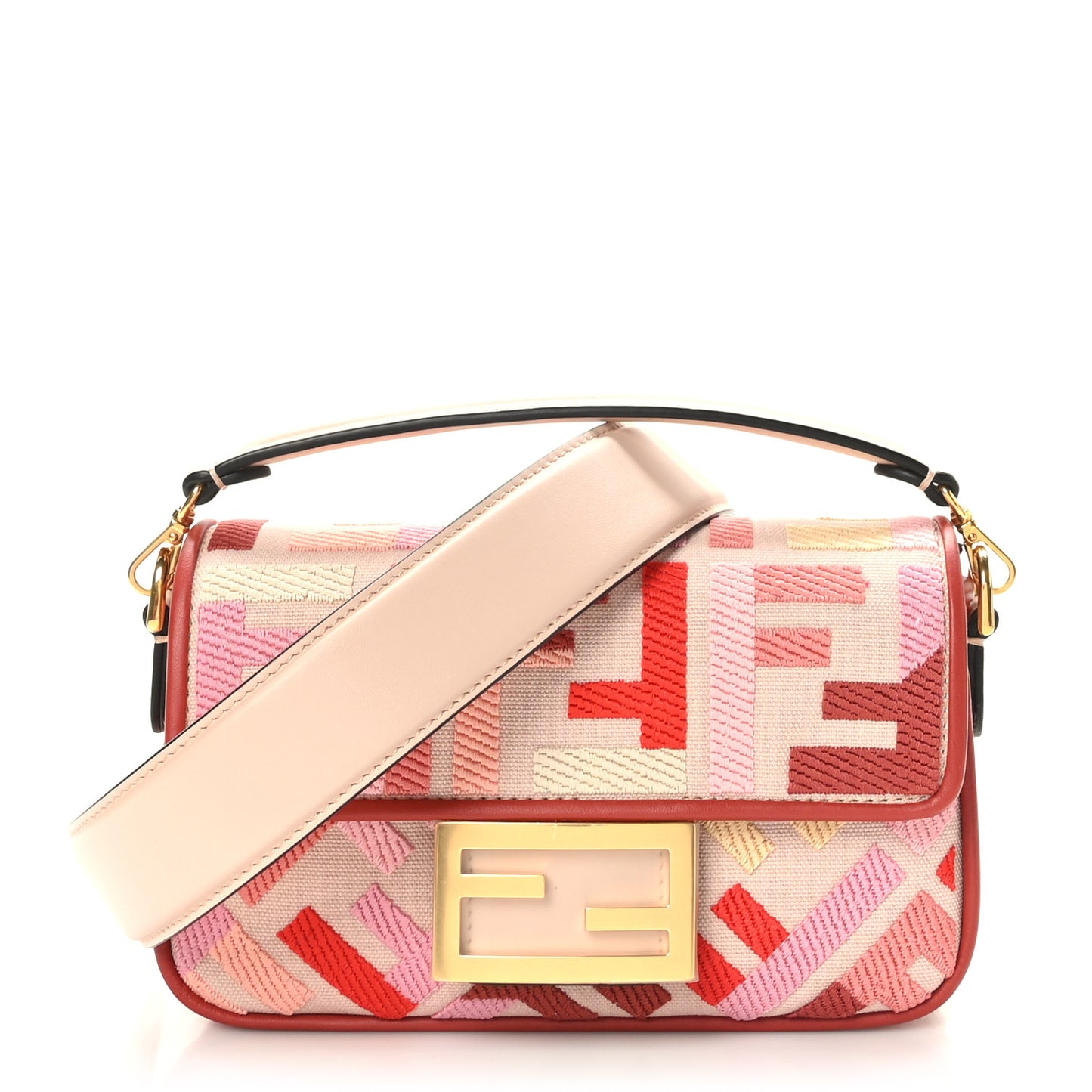 Canvas Vitello King Seta FF Embroidered Mini Baguette Rosa Quarzo Bloody Mary Multicolor