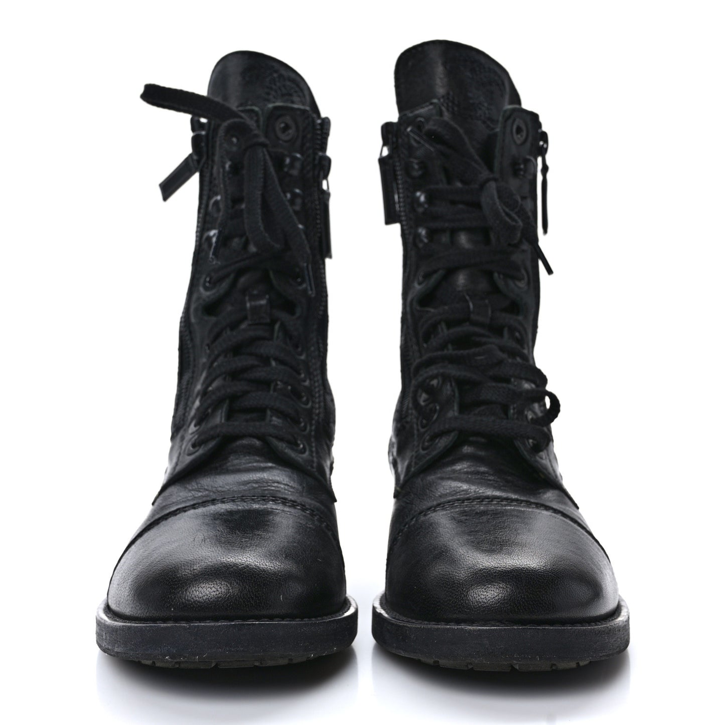 Calfskin Quilted Lace Up Combat Boots 38.5 Black