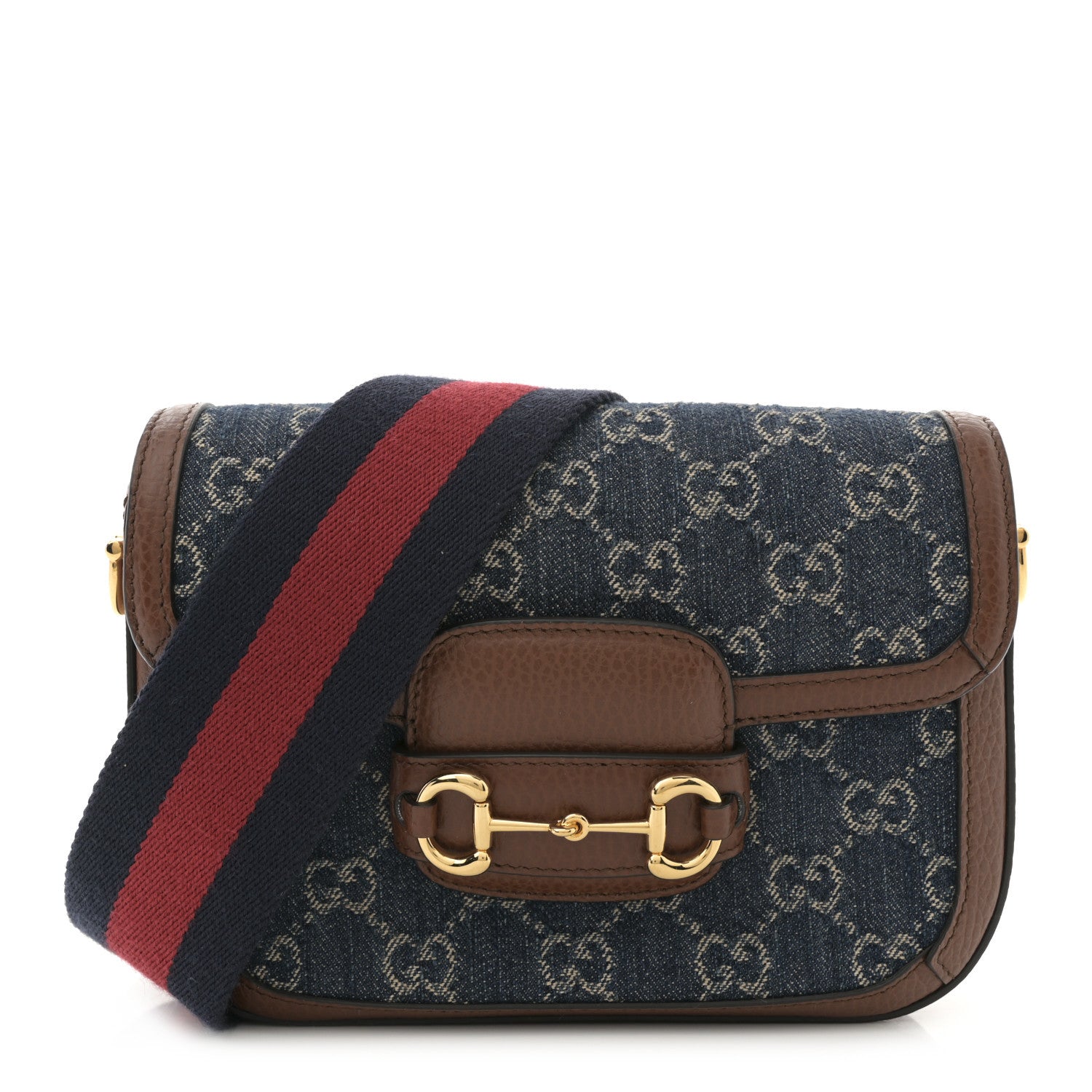Gucci New Denim GG Monogram Dollar Calfskin Web Mini Horsebit 1955 Shoulder Bag Blue Tea Cuir Epilog 1 of 12