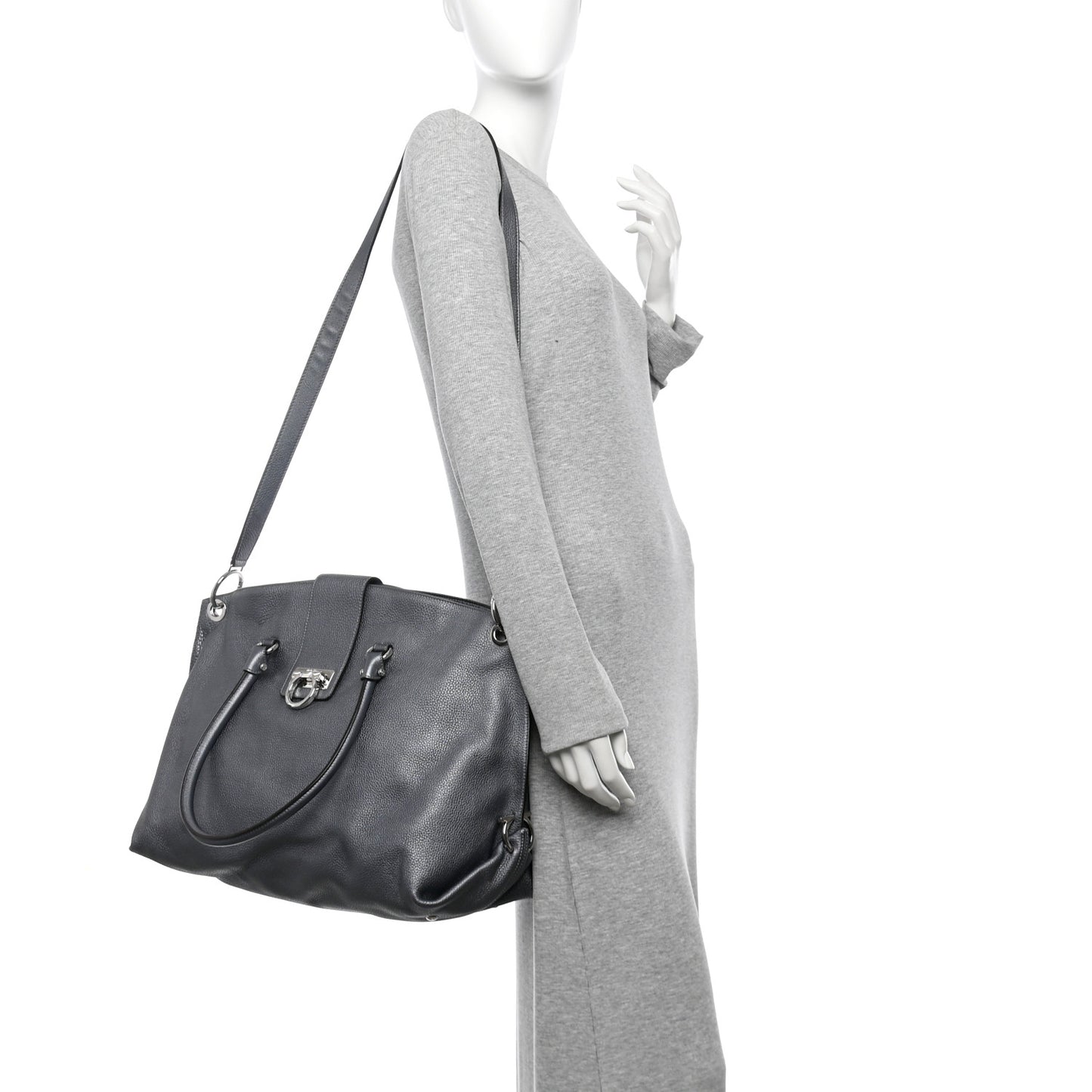 Grained Calfskin Large Sofia Convertible Tote Acciaio