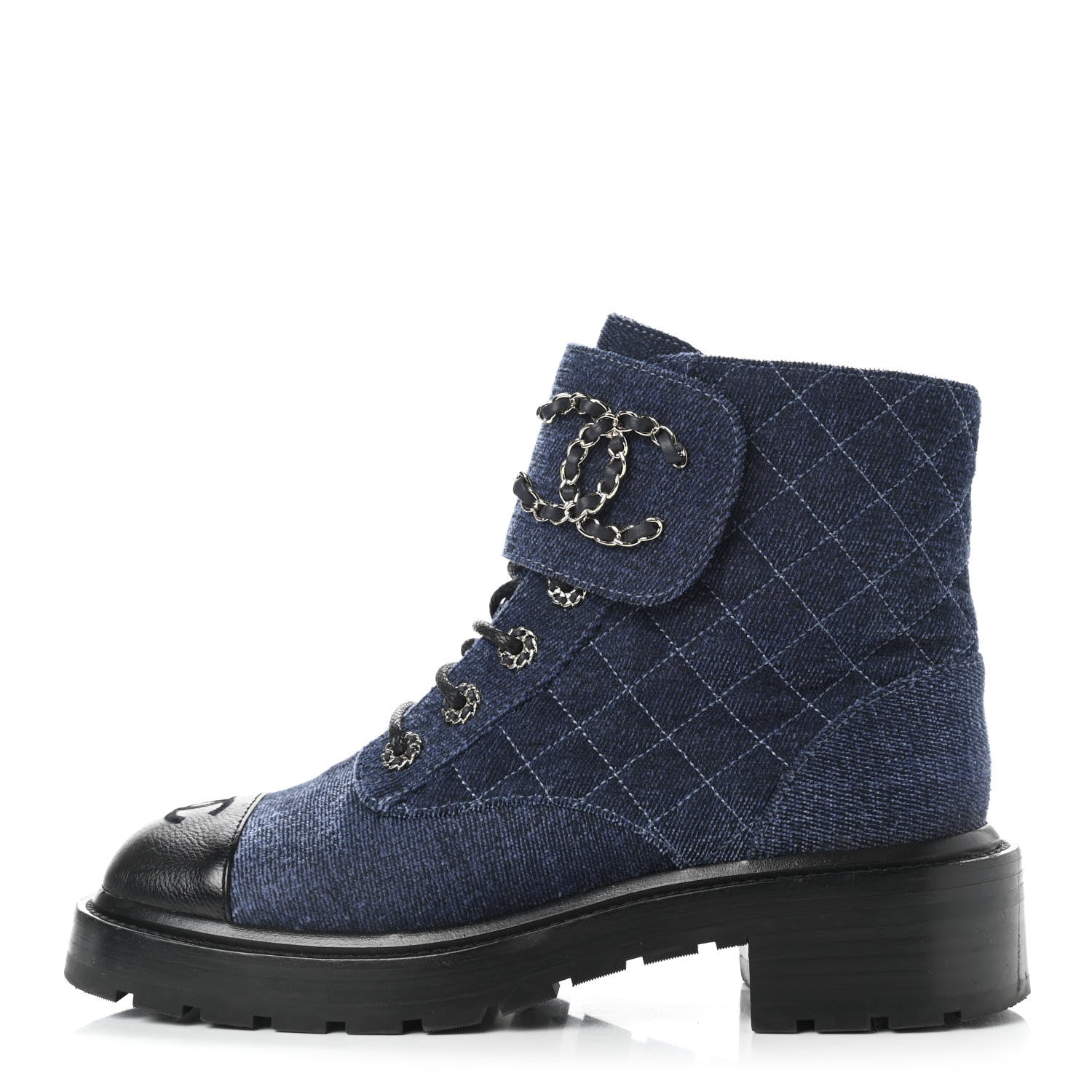 Chanel Shiny Calfskin Velvet Quilted Lace Up Combat Boots 39 Blue Black 1 of 11