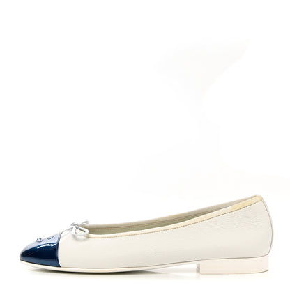 Chanel Calfskin Patent CC Cap Toe Ballerina Flats 37.5 White Blue 1 of 14