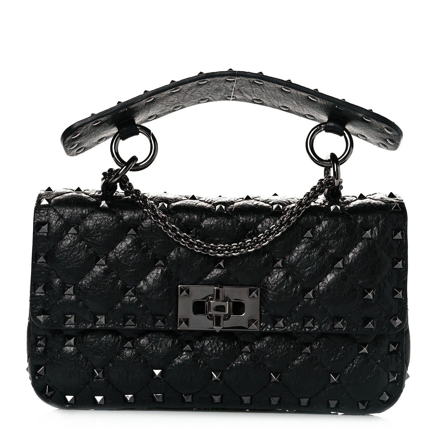 Craquele Nappa Small Rockstud Spike Shoulder Bag Black
