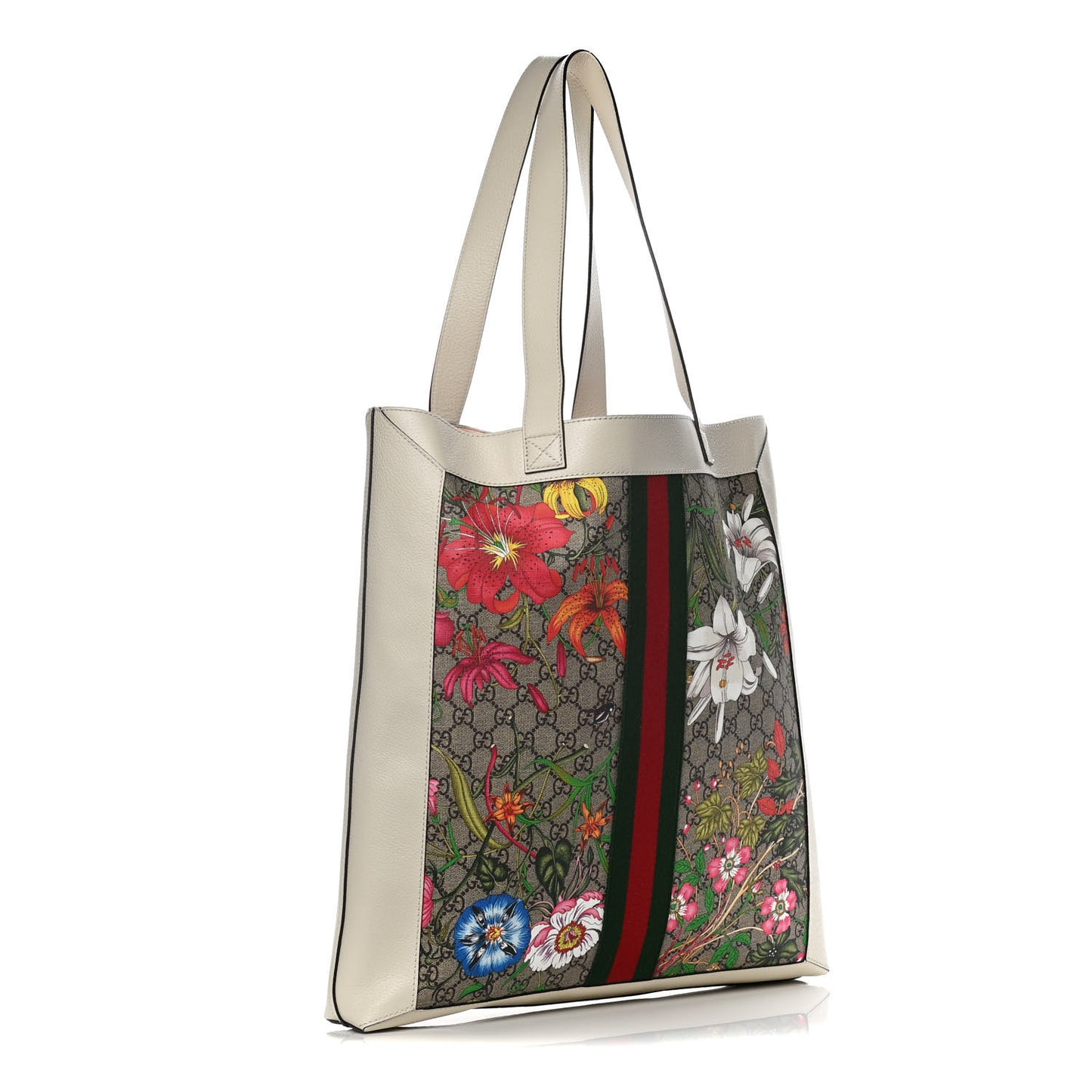 GG Supreme Monogram Flora Web Ophidia Vertical Shopping Tote White