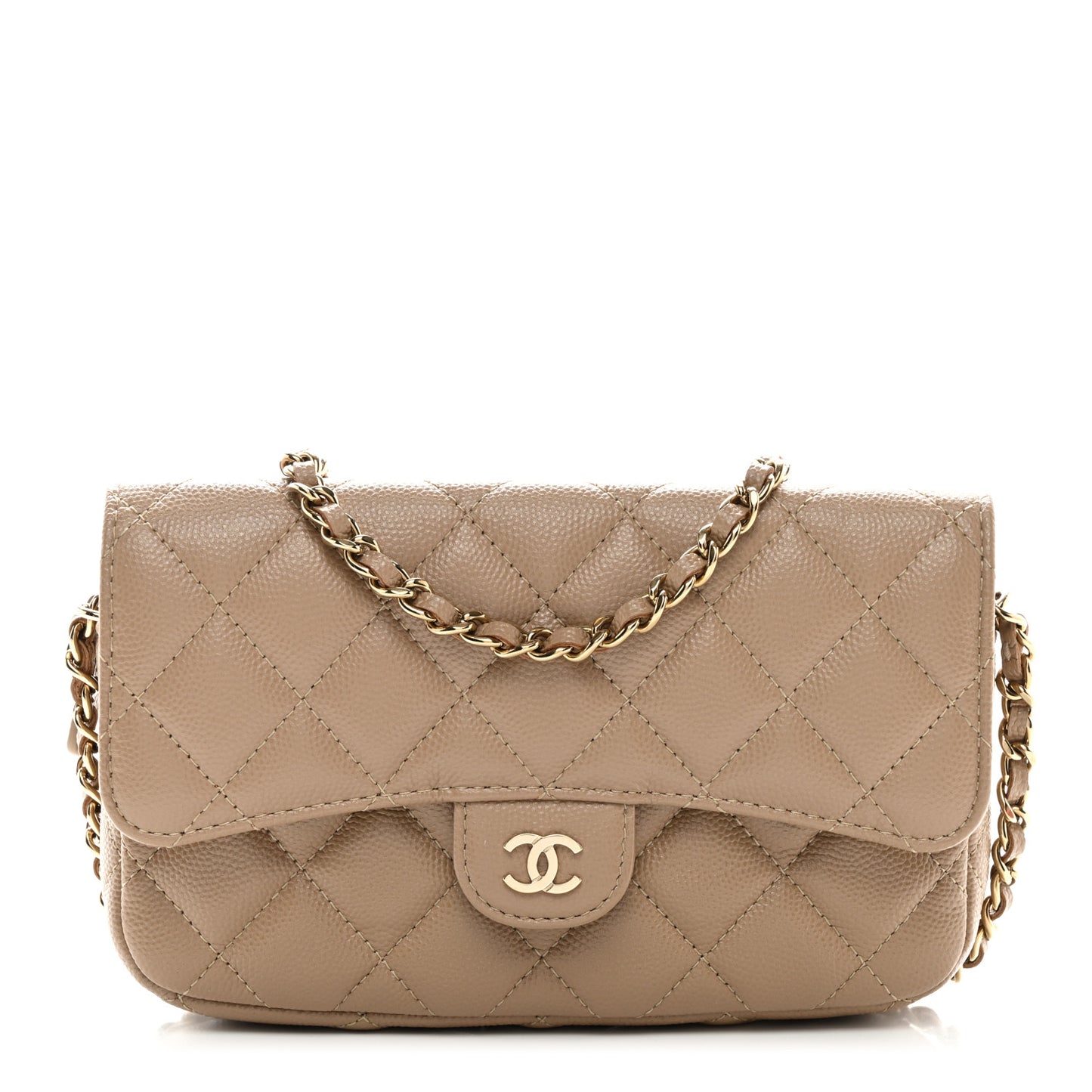 Caviar Quilted Flap Phone Holder With Chain Beige