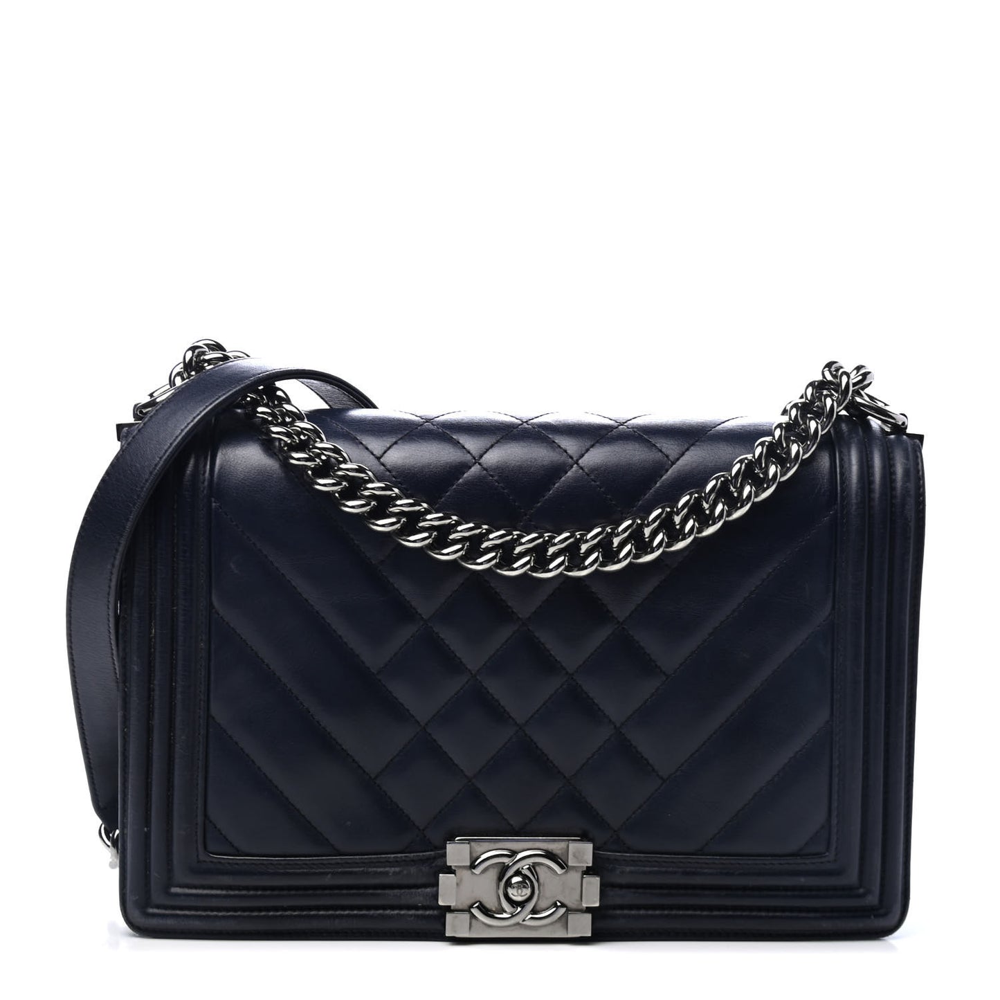 Calfskin Chevron Quilted New Medium Boy Flap Dark Navy Blue