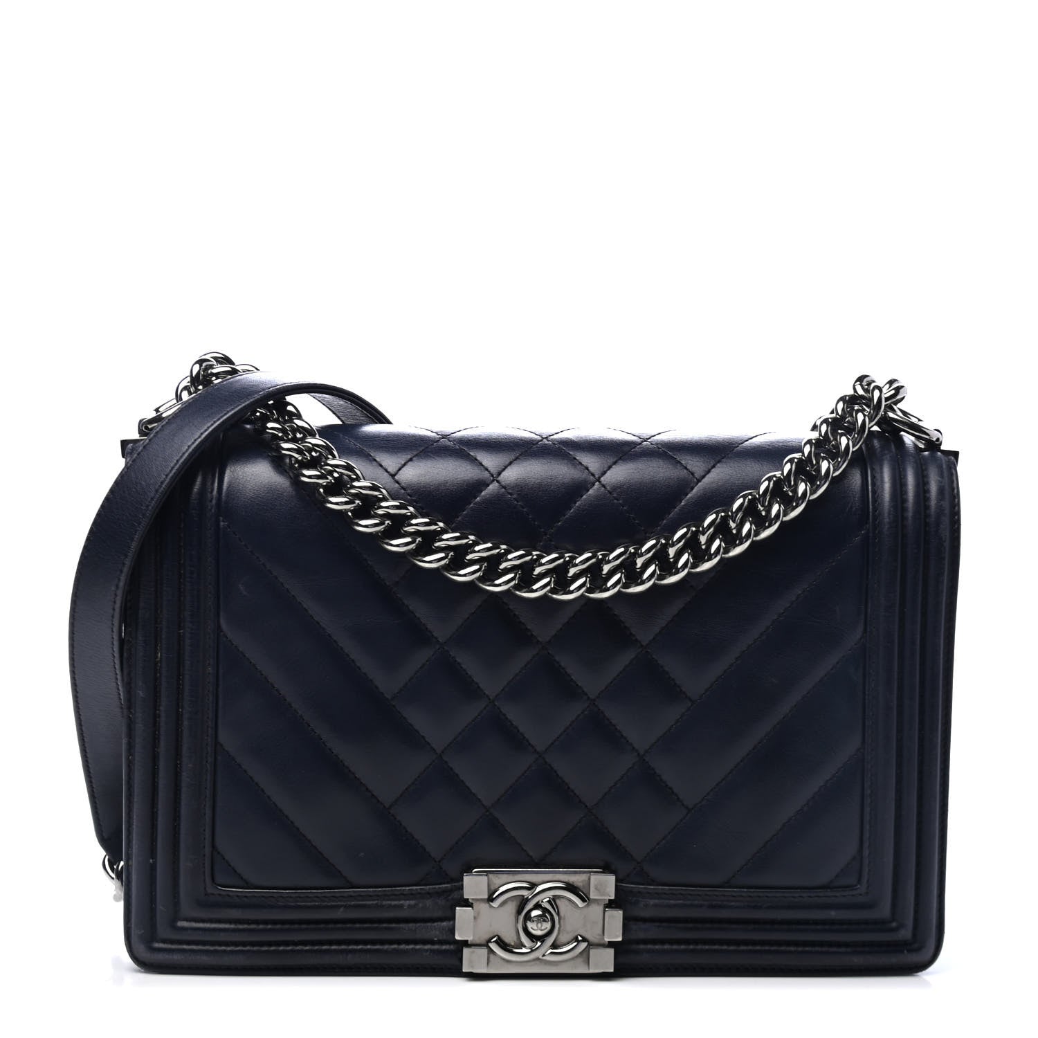 Chanel Calfskin Chevron Quilted New Medium Boy Flap Dark Navy Blue 1 of 5