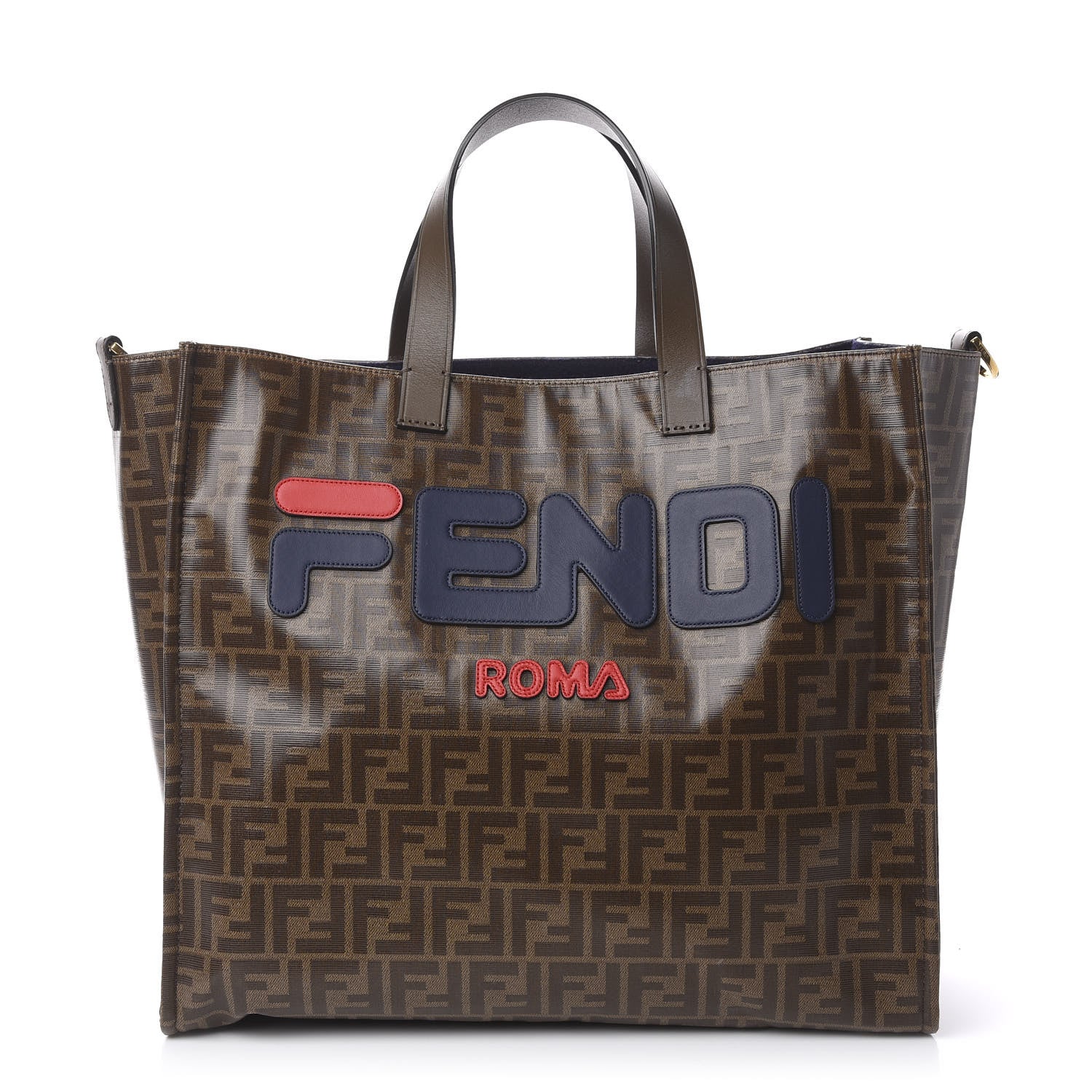 Fendi X FILA Glazed Fabric FF 1974 Mania Shopping Tote Bag Mogano Panna Blueberry 1 of 11