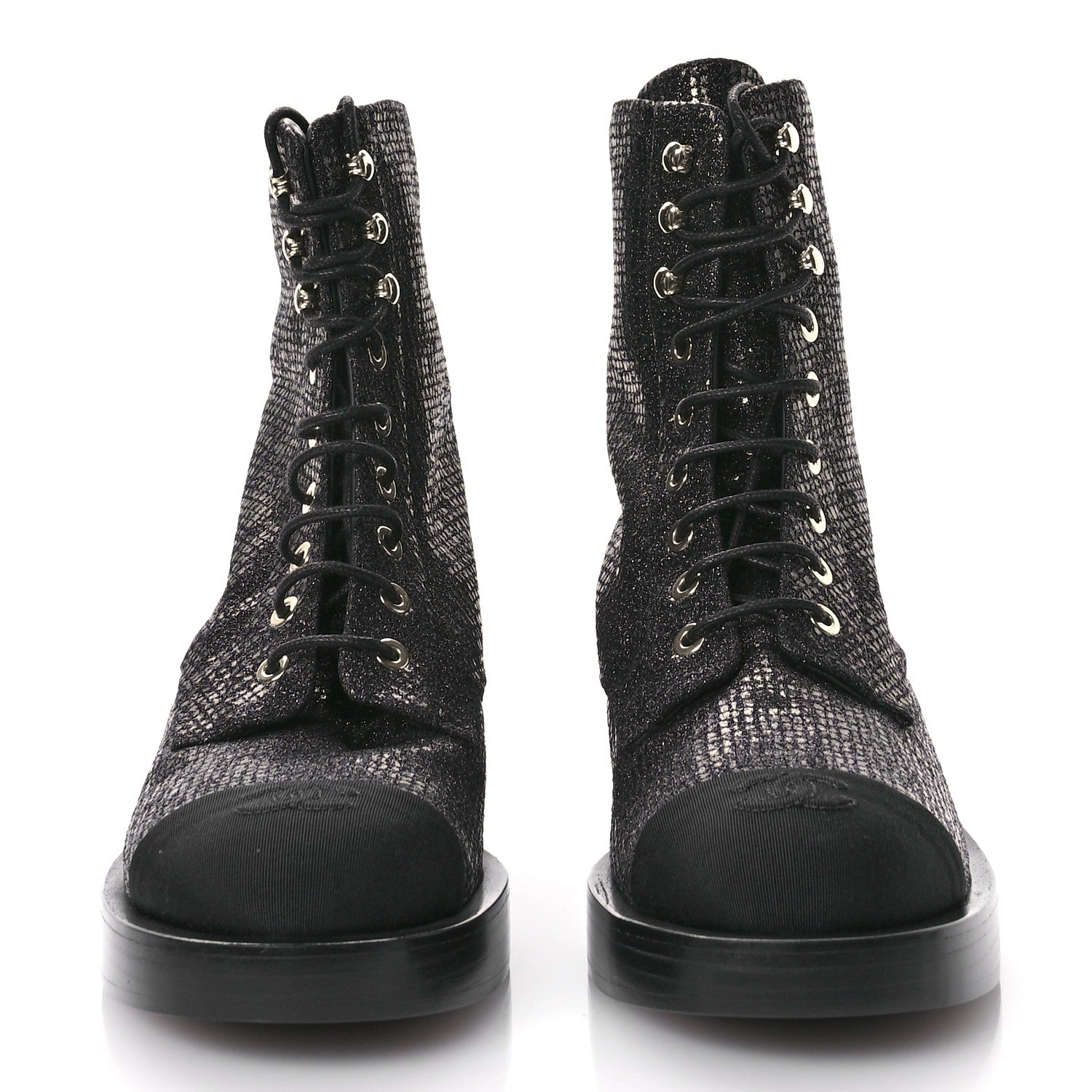 Chanel Fabric Crossgrain Cap Toe Combat Boots 38.5 Black 3 of 9