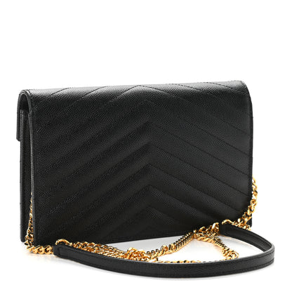 Saint Laurent Grain De Poudre Matelasse Chevron Monogram Envelope Chain Wallet Black 2 of 10
