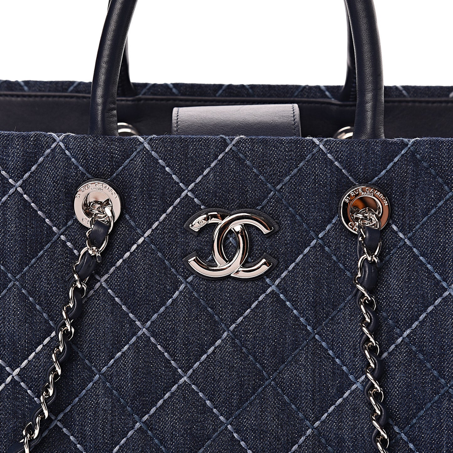 Denim Quilted Large Coco Handle Shopping Tote Blue