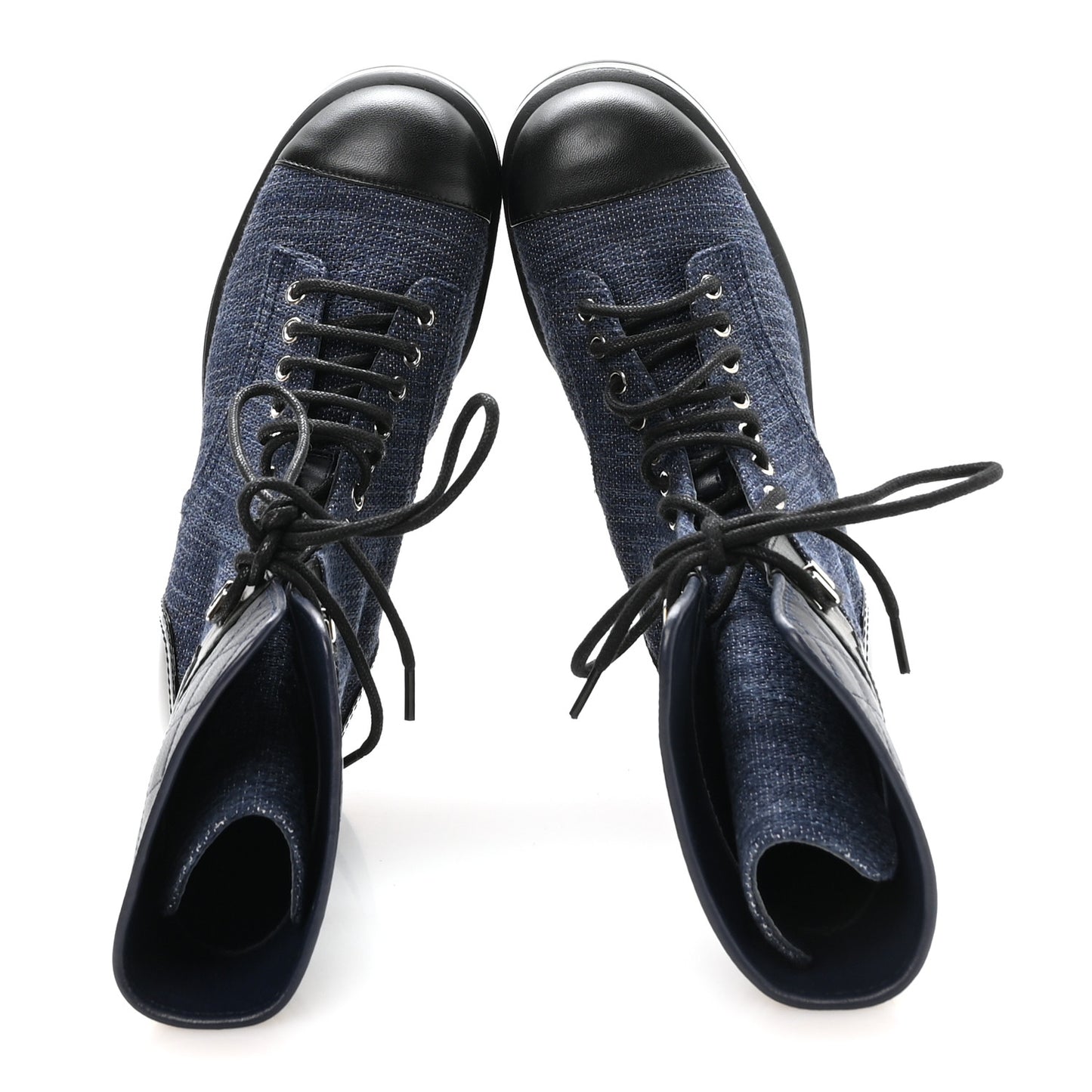 Fabric Patent Lambskin Quilted CC Lace Up Combat Boots 36.5 Navy Blue Black