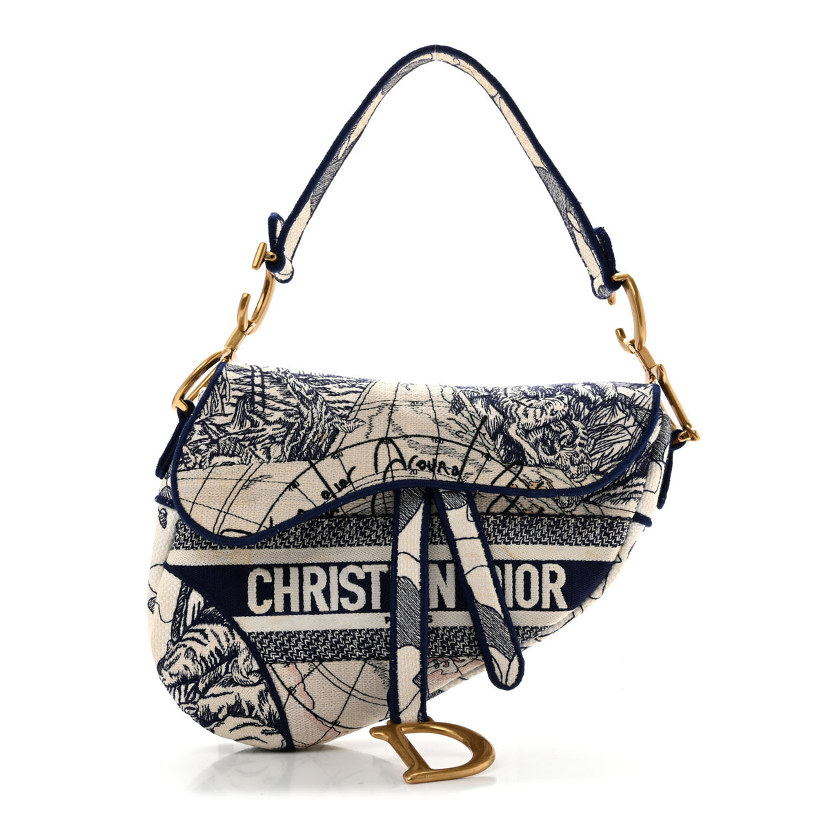 Christian Dior Canvas Embroidered Around the World Saddle Bag Blue 1 of 27