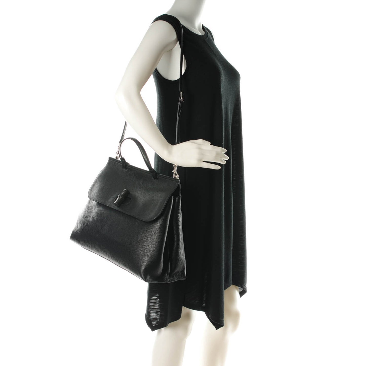 Pebbled Calfskin Large Bamboo Daily Top Handle Bag Black