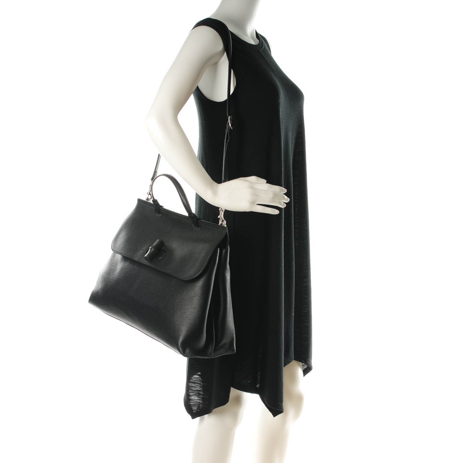 Gucci Pebbled Calfskin Large Bamboo Daily Top Handle Bag Black 2 of 6