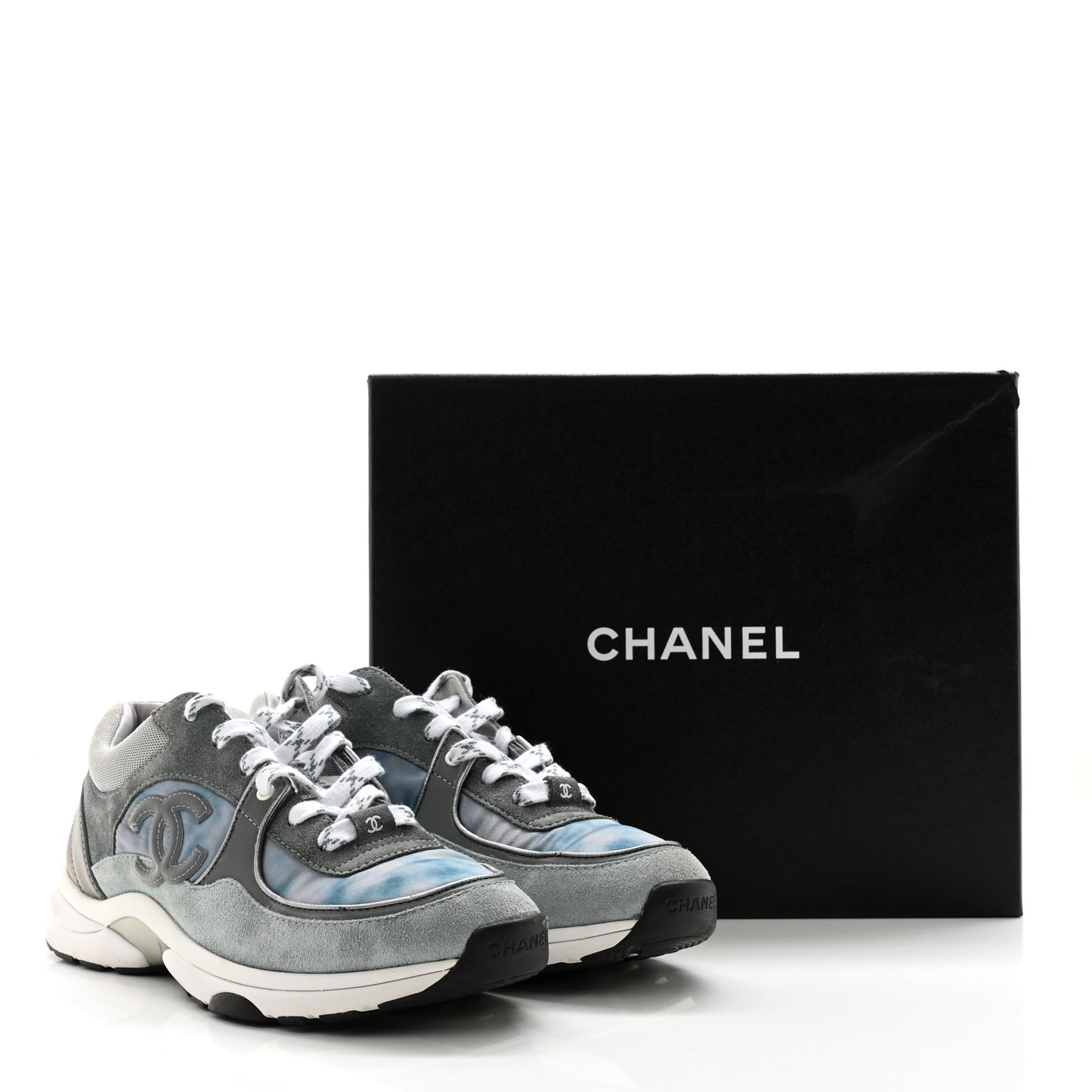Nylon Lambskin Suede Calfskin CC Sneakers 39 Blue Grey White