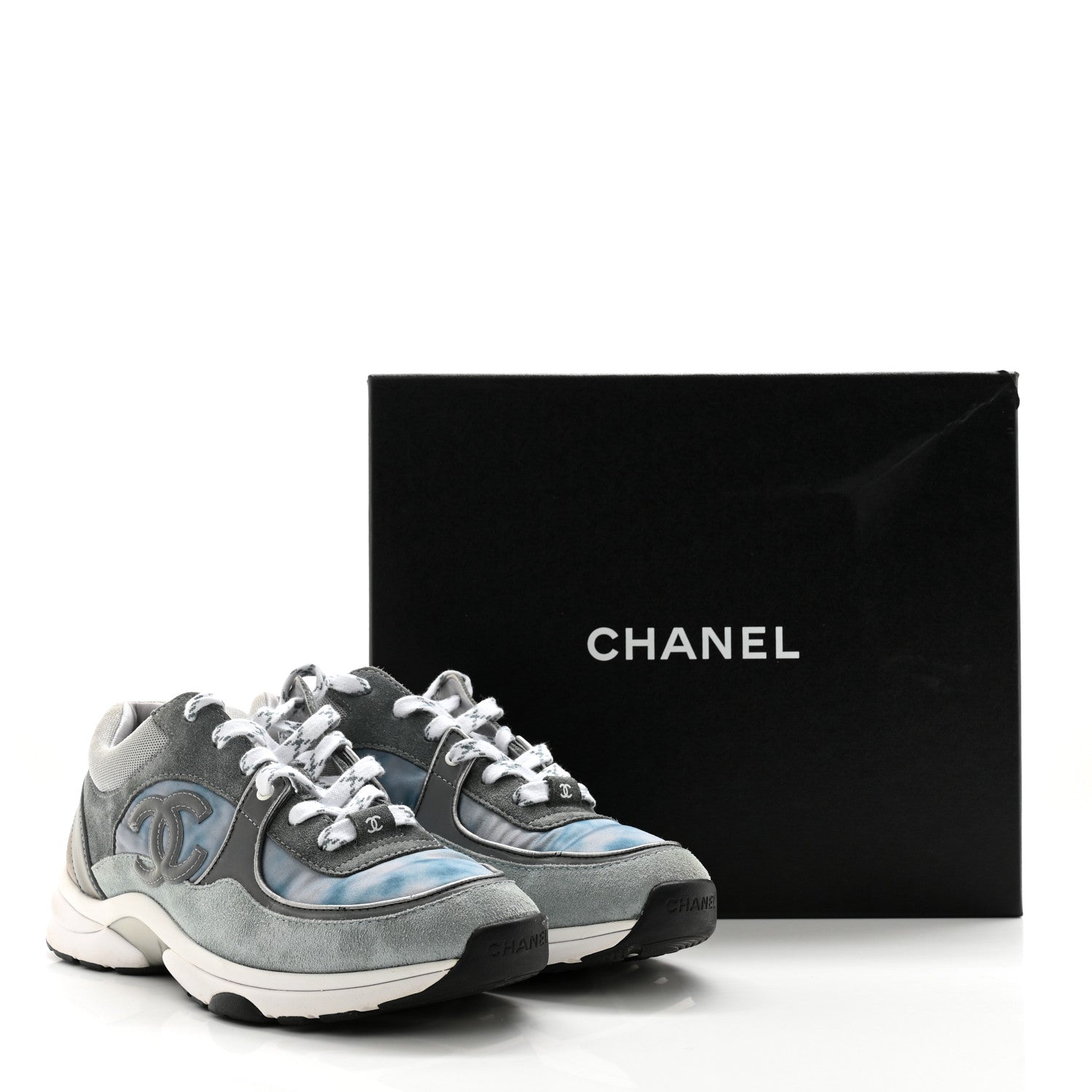 Chanel Nylon Lambskin Suede Calfskin CC Sneakers 39 Blue Grey White 14 of 14