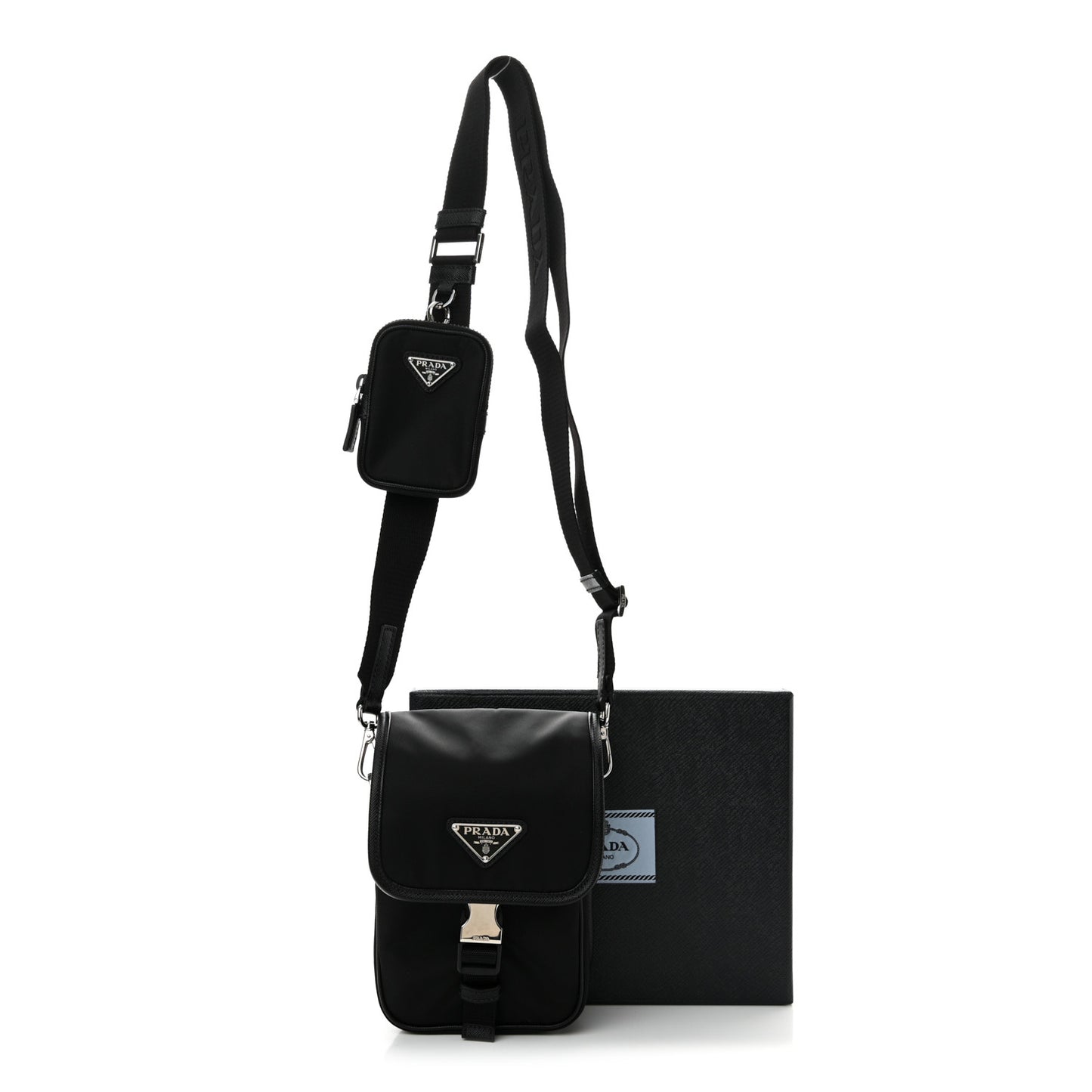 Re-Nylon Saffiano Mini Pocket Single Snap Buckle Messenger Bag Black