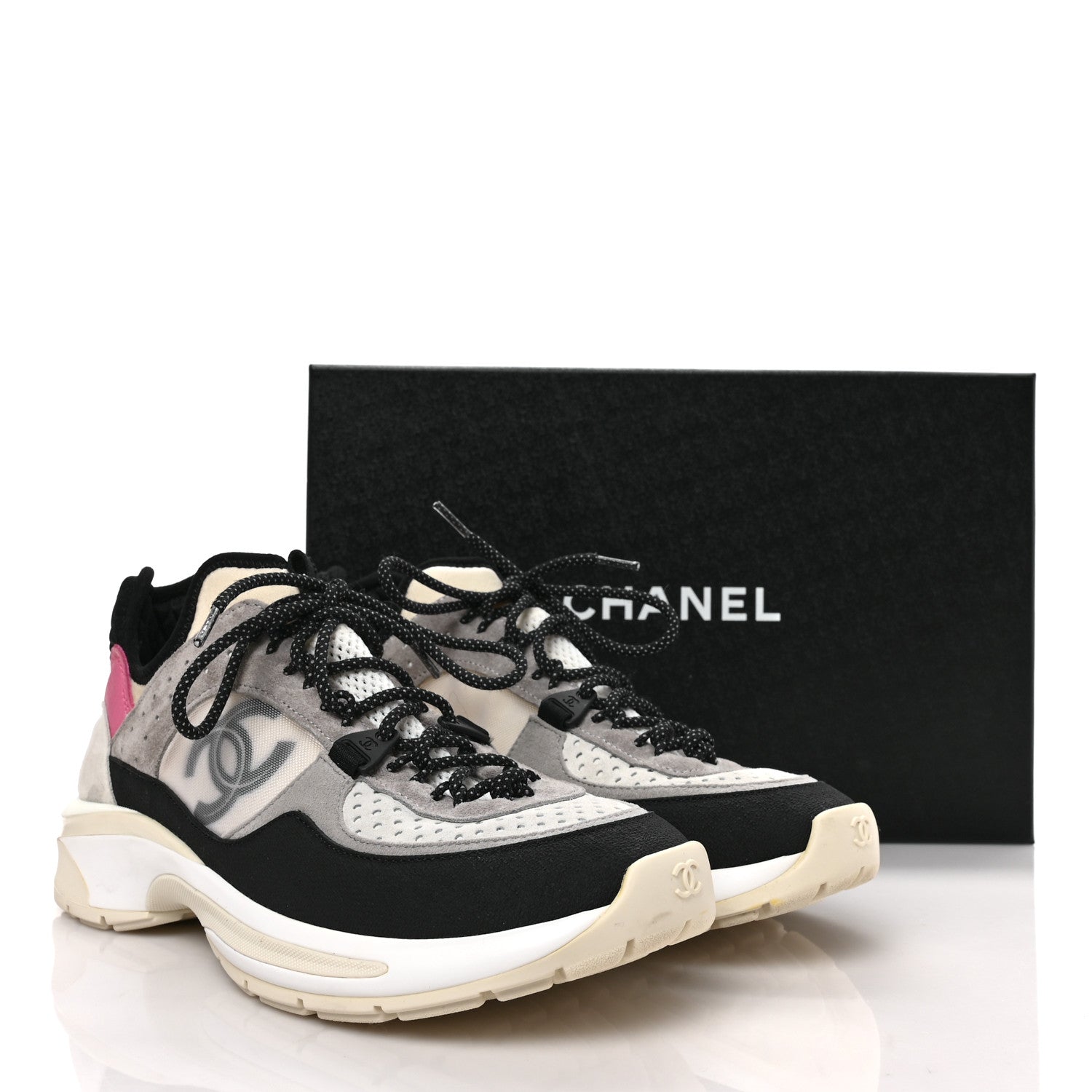 Chanel Suede Calfskin Womens CC Sneakers 37.5 Black Grey Ivory 9 of 9