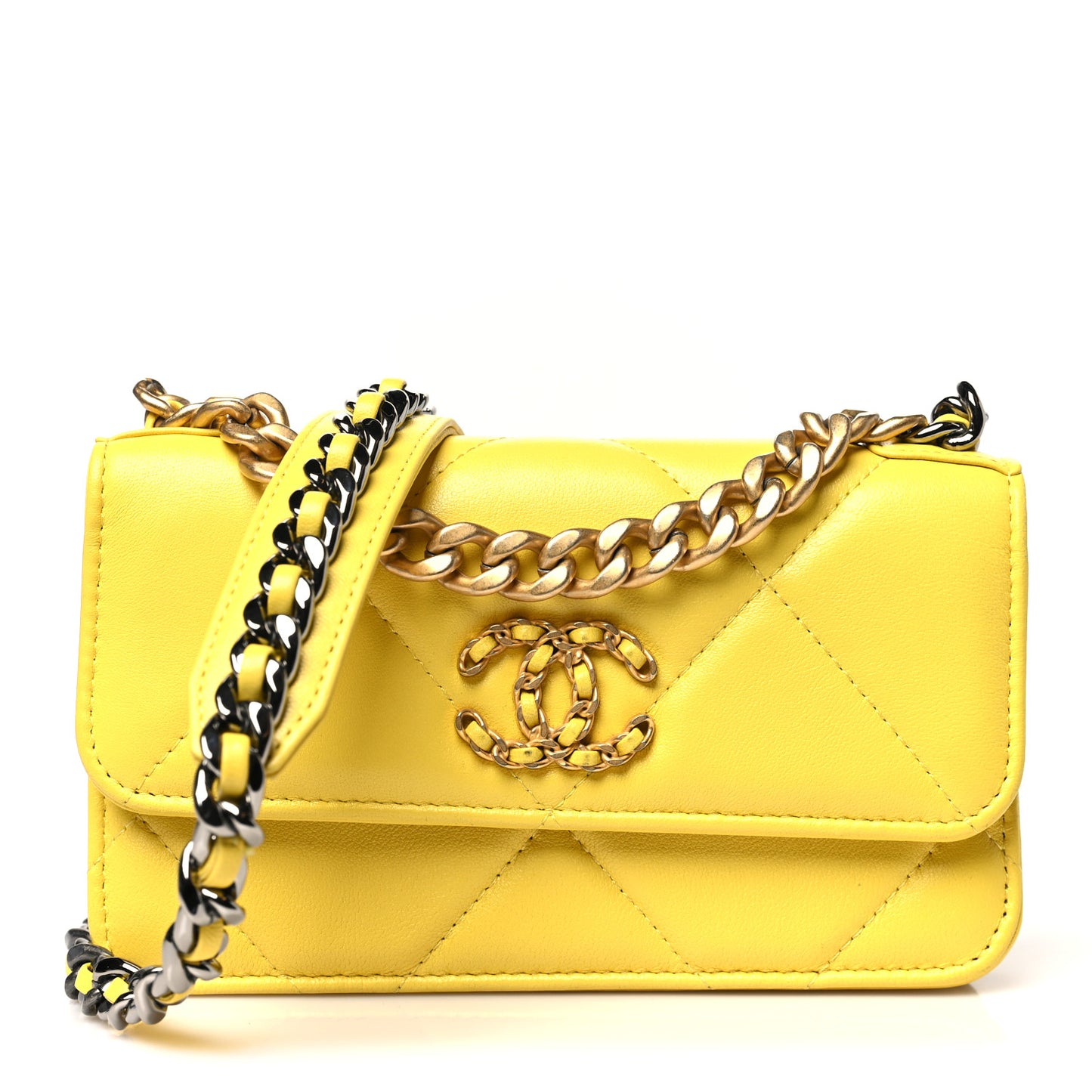 Lambskin Quilted Chanel 19 Flap Phone Holder With Chain Yellow